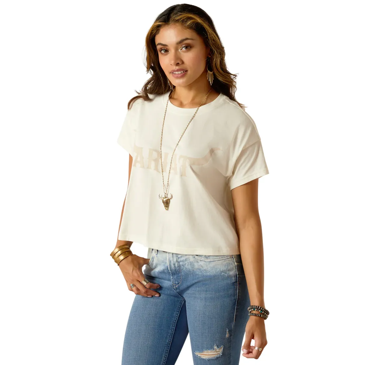 10051497 Ariat Women's Wild Hat Cropped SS Tee Coconut Milk