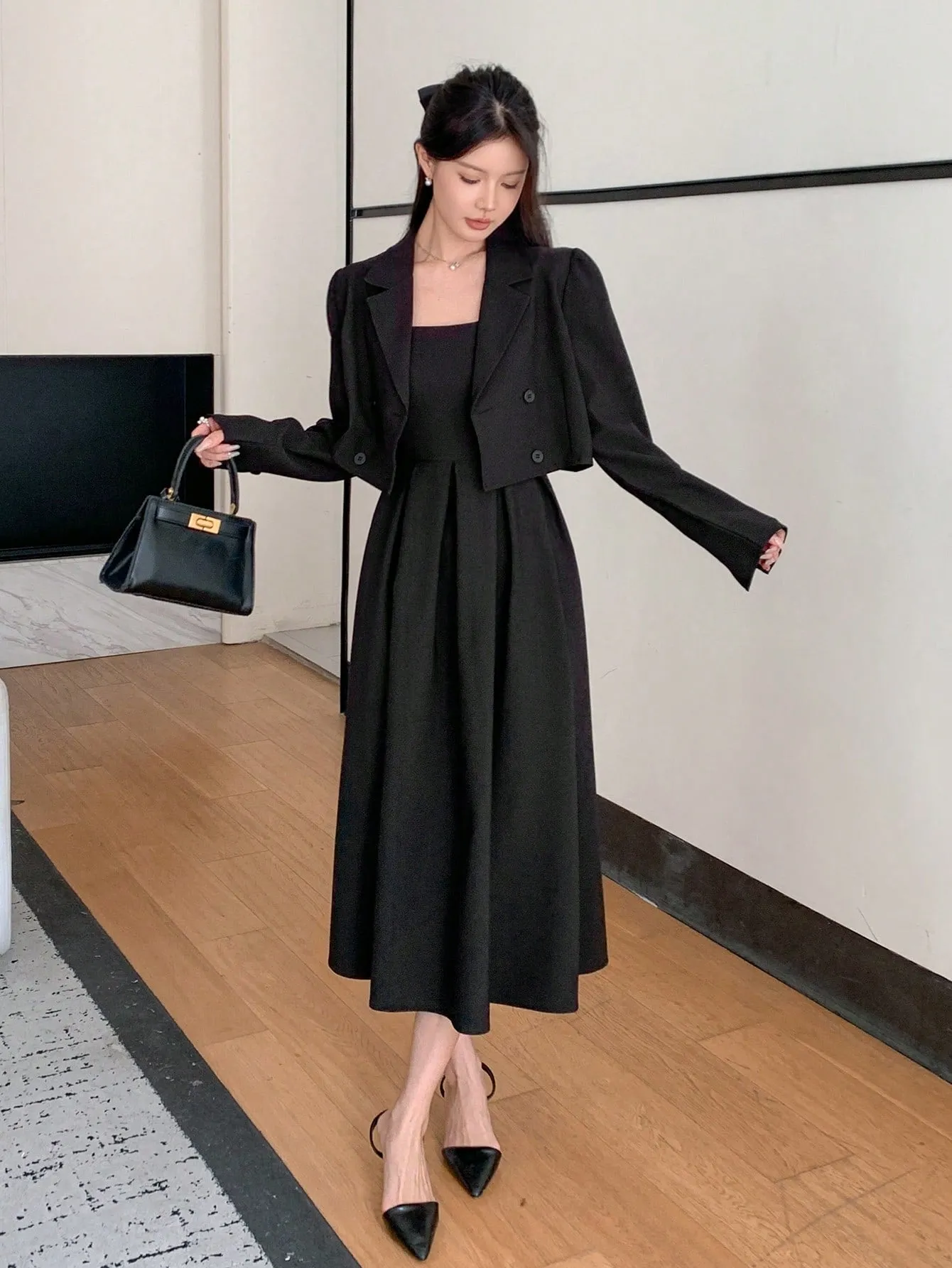 2 pcs Suit Jacket And Spaghetti Strap Dress