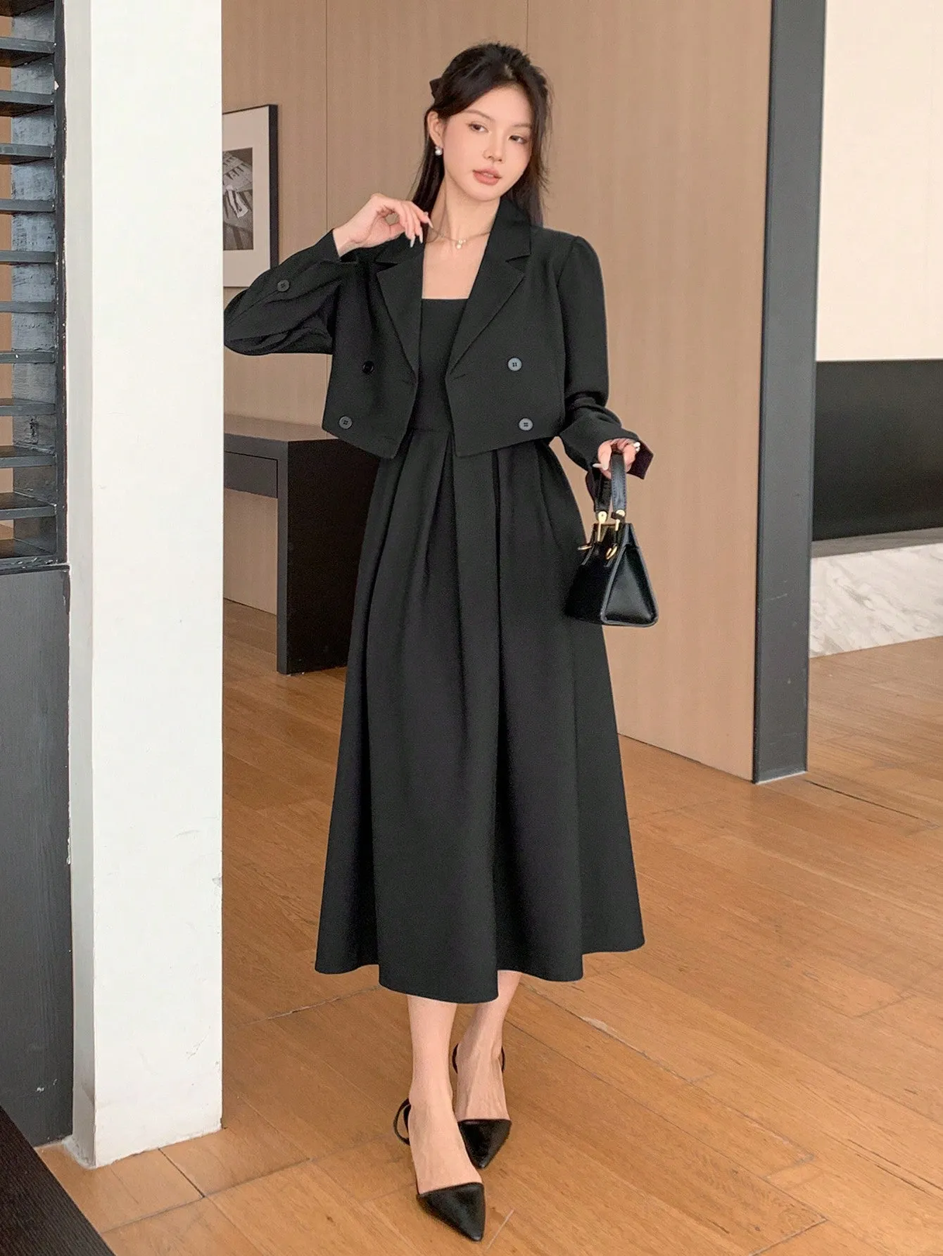 2 pcs Suit Jacket And Spaghetti Strap Dress