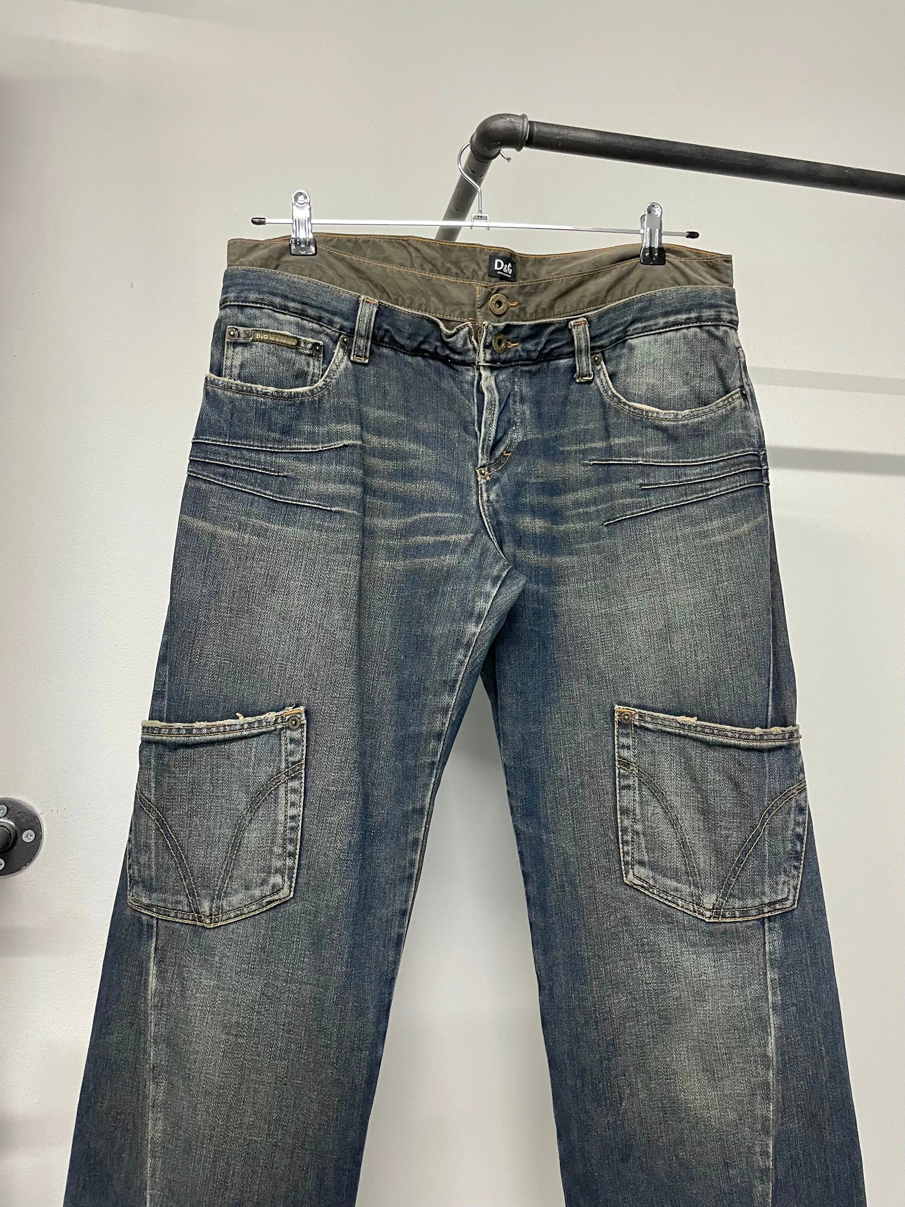 2000s Dolce & Gabbana double waisted asymmetrical cargo denim