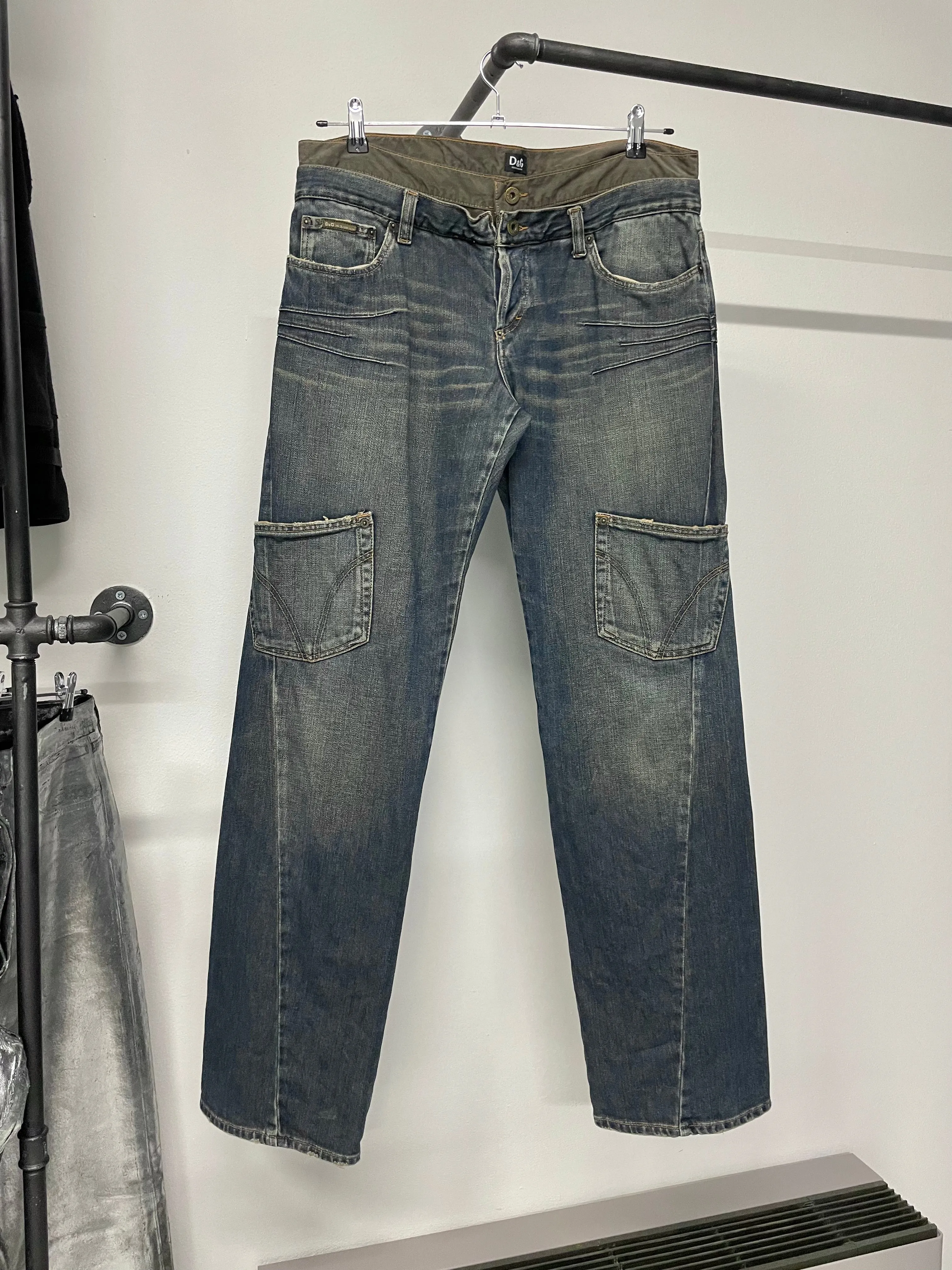 2000s Dolce & Gabbana double waisted asymmetrical cargo denim