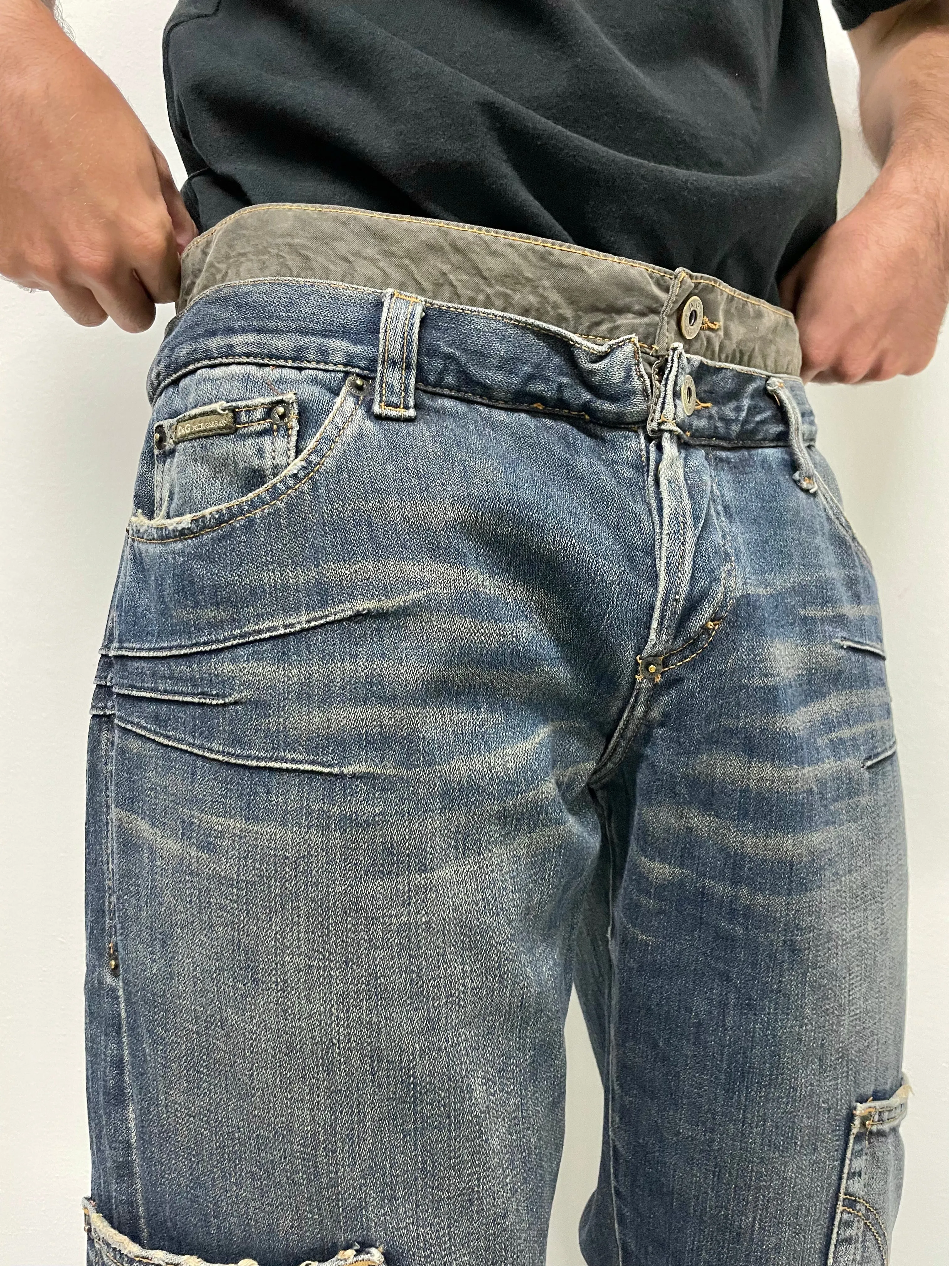 2000s Dolce & Gabbana double waisted asymmetrical cargo denim