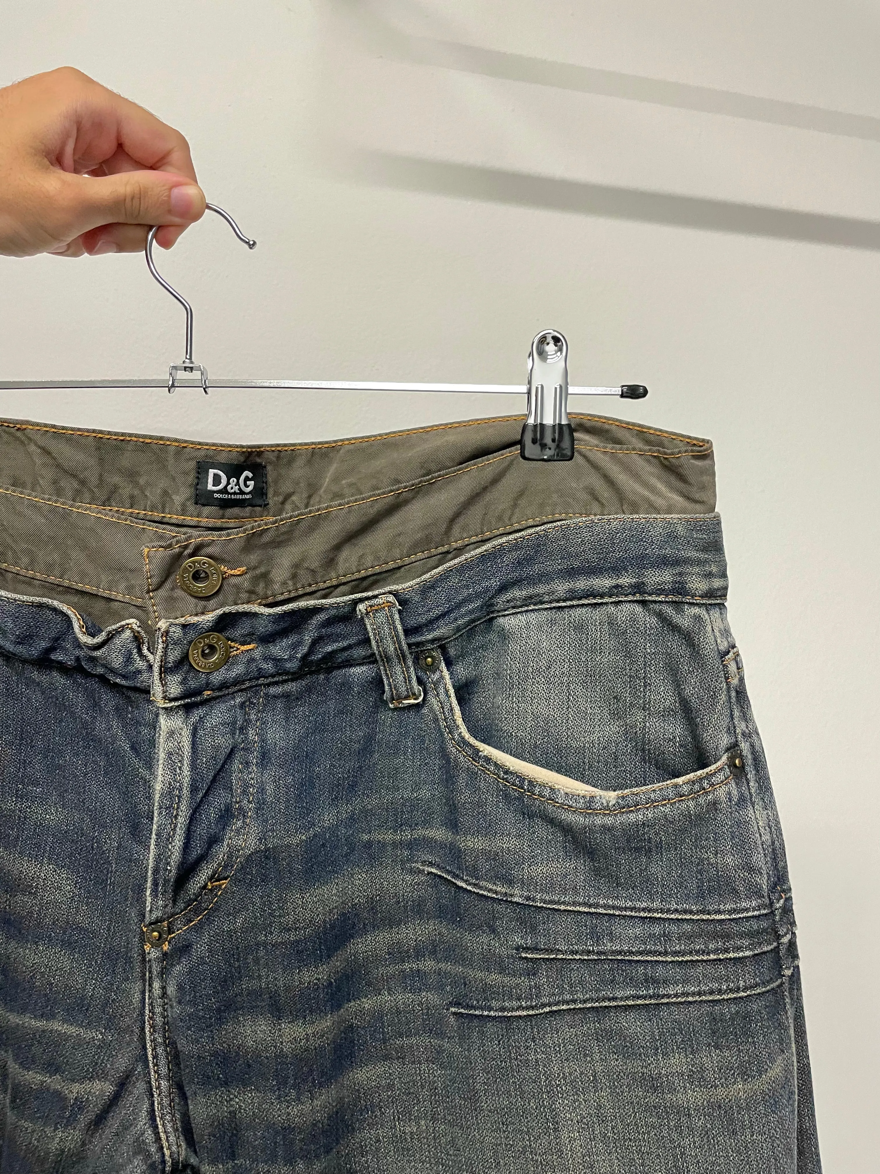 2000s Dolce & Gabbana double waisted asymmetrical cargo denim