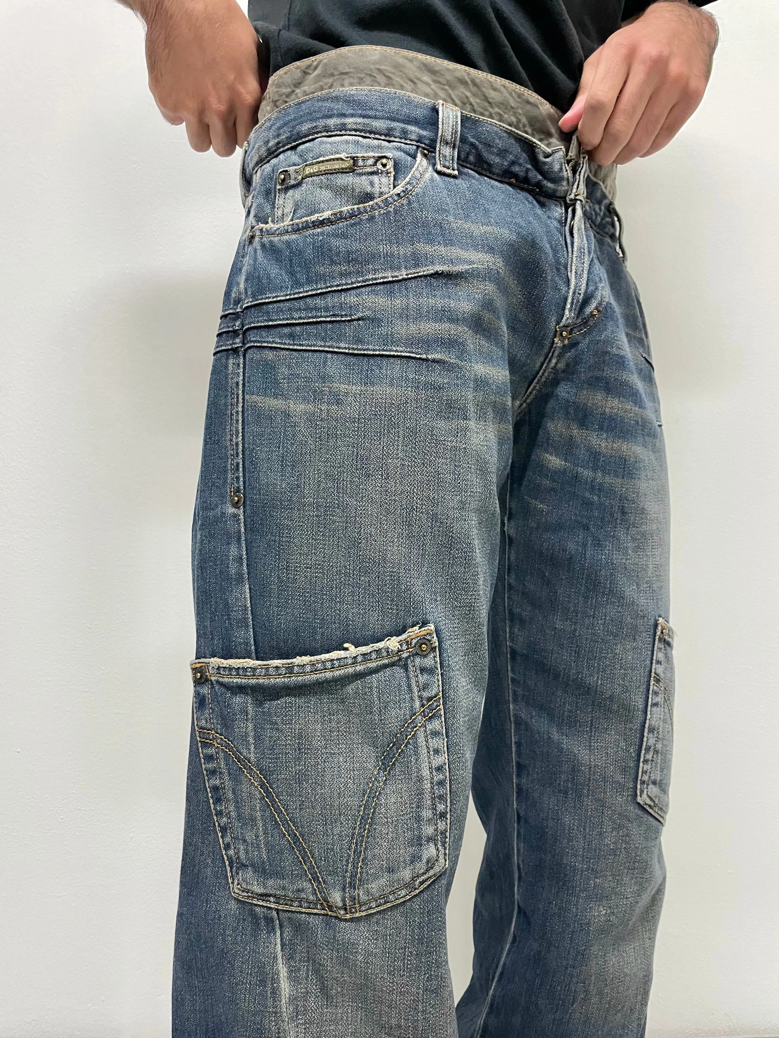 2000s Dolce & Gabbana double waisted asymmetrical cargo denim