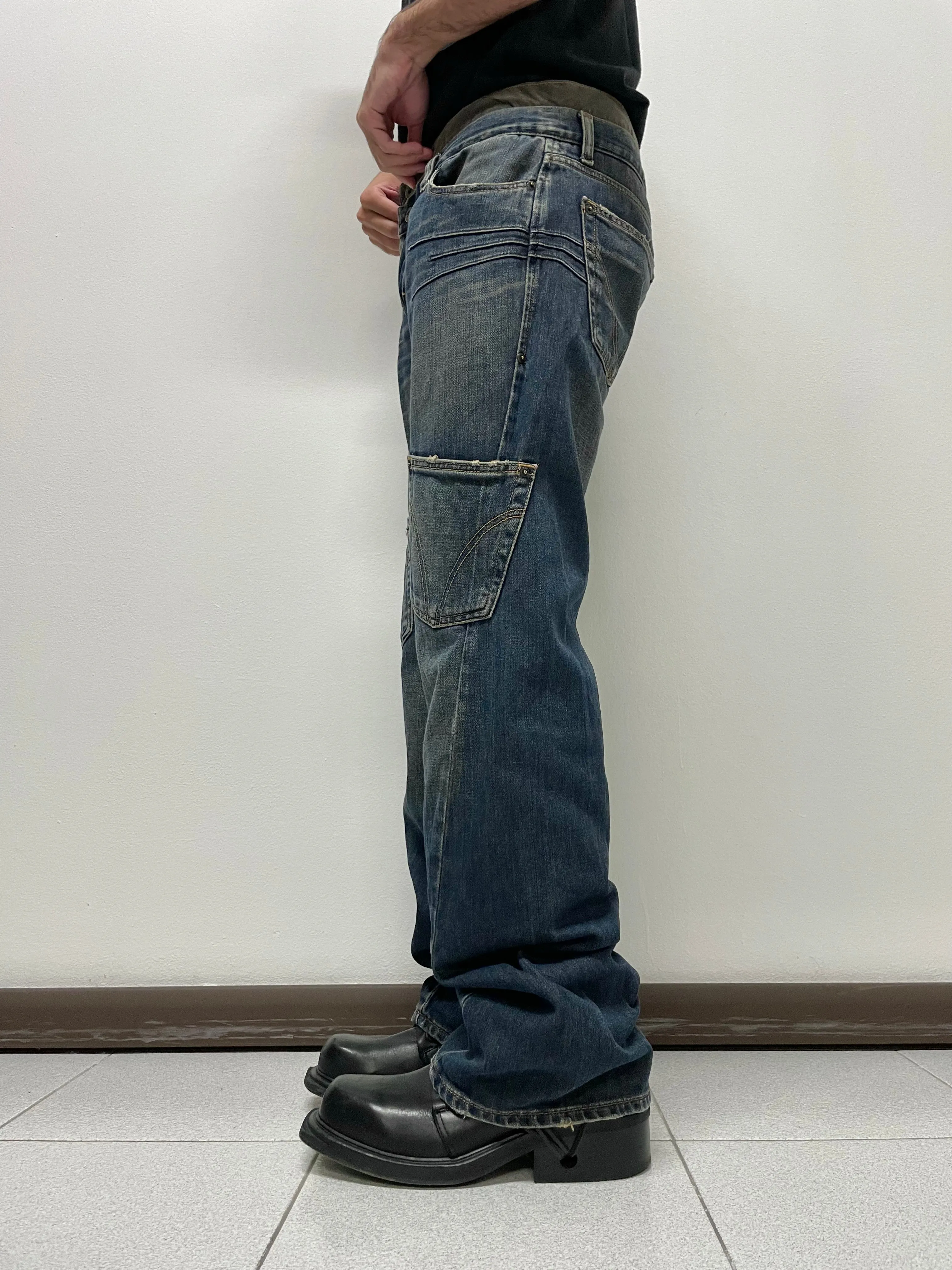 2000s Dolce & Gabbana double waisted asymmetrical cargo denim