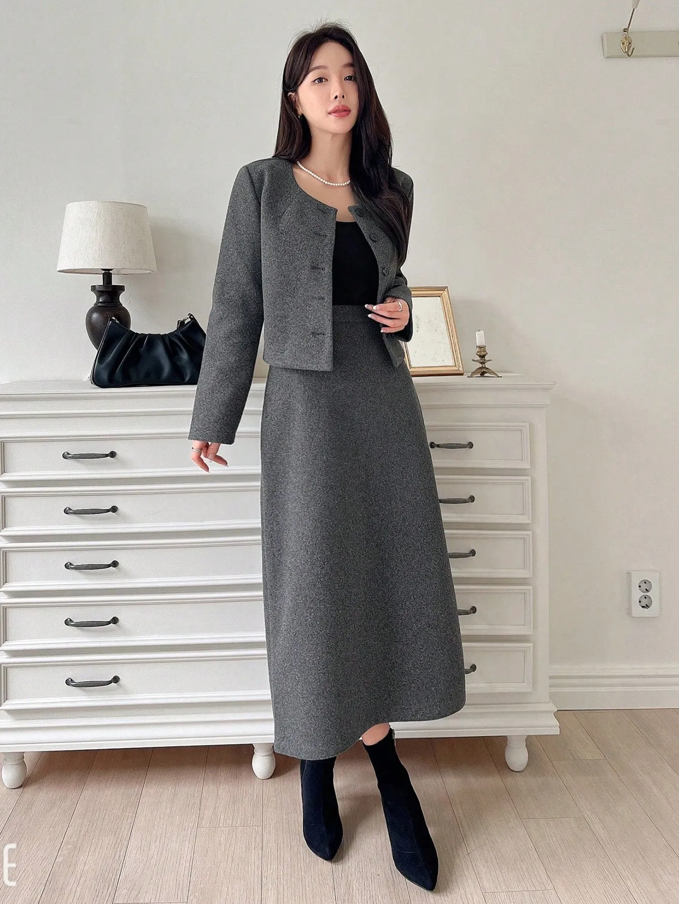 2pcs Parien Chic Wool Gray Blazer and Skirt Co-ord Set
