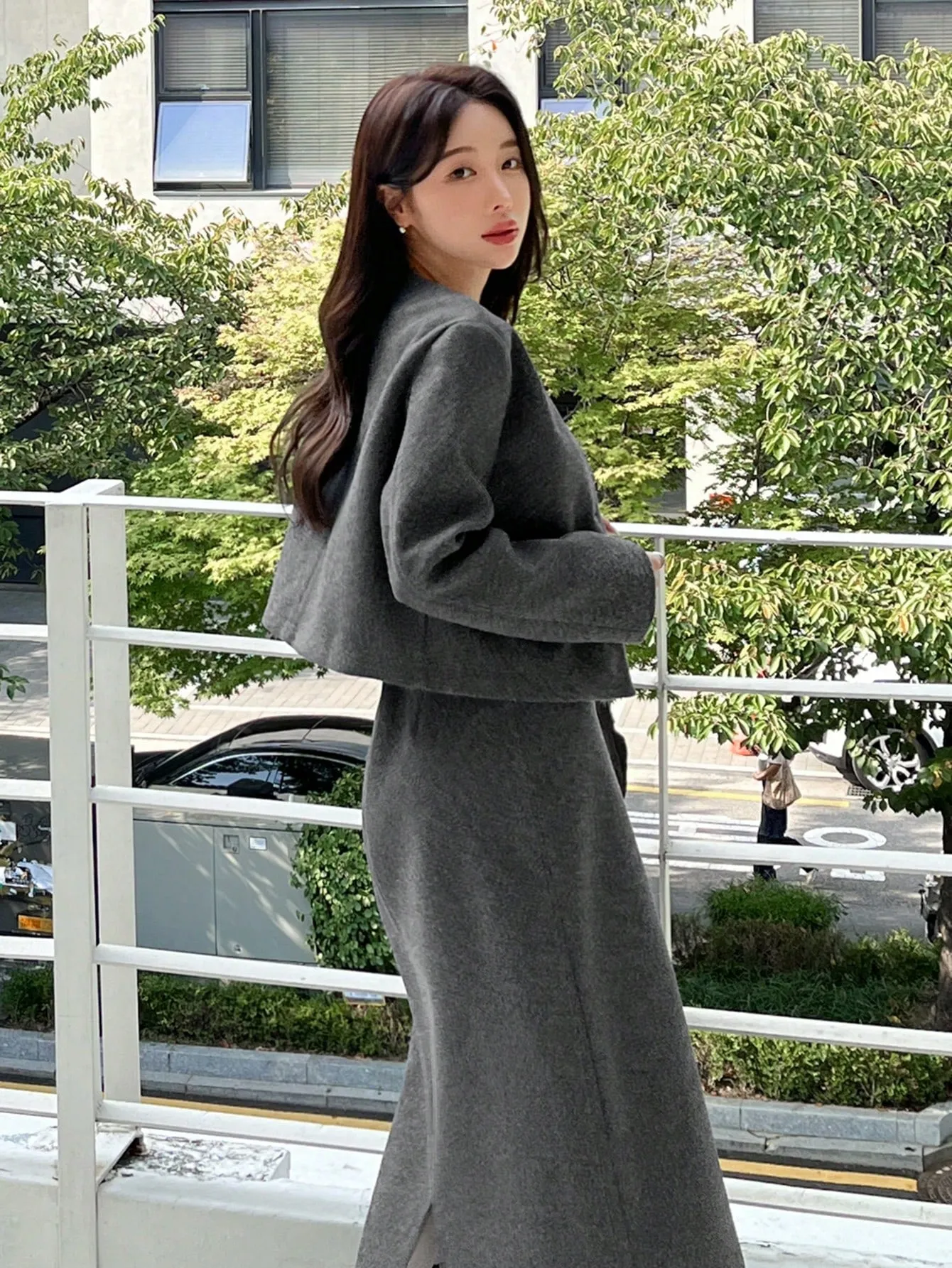 2pcs Parien Chic Wool Gray Blazer and Skirt Co-ord Set