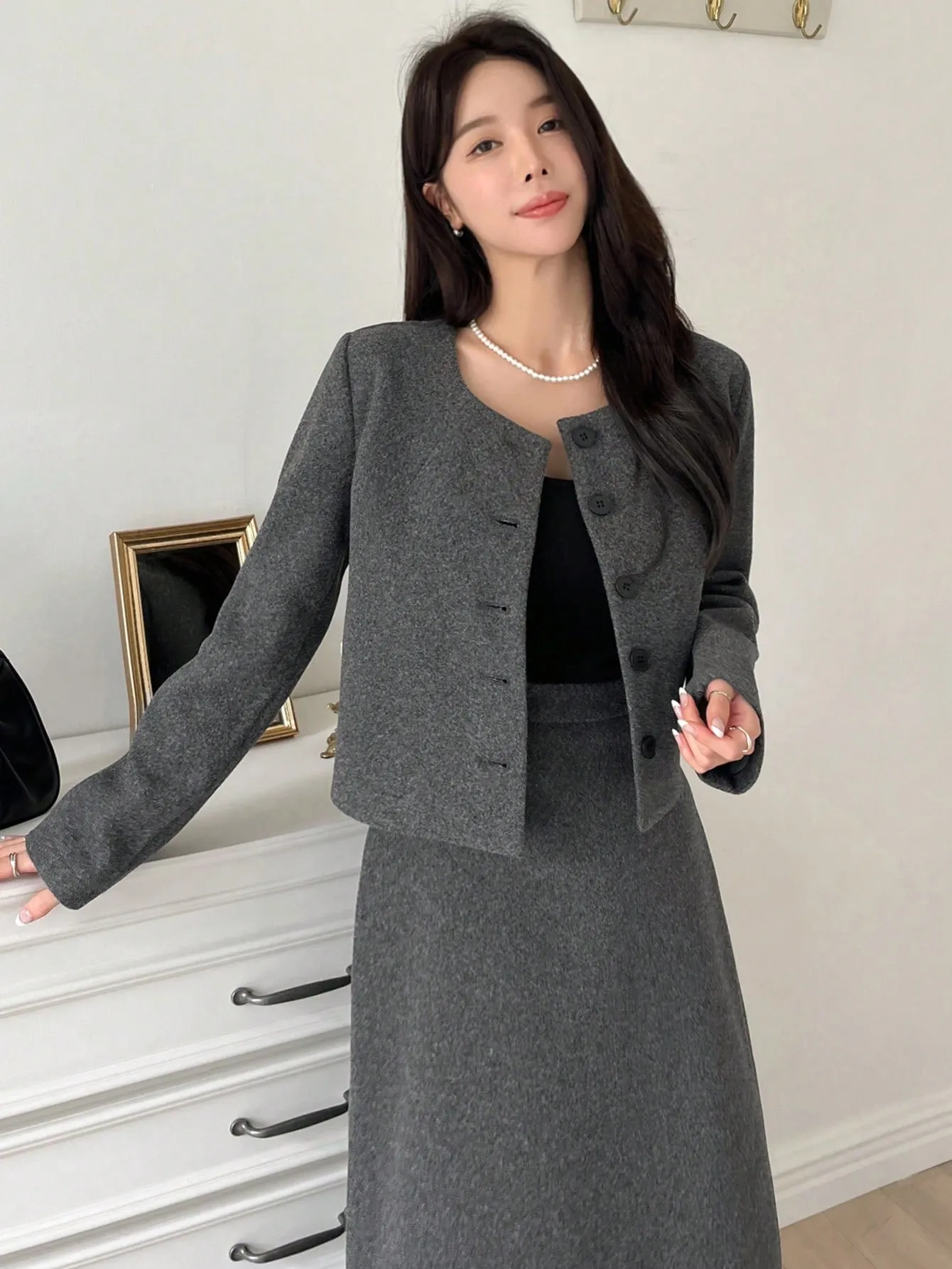 2pcs Parien Chic Wool Gray Blazer and Skirt Co-ord Set