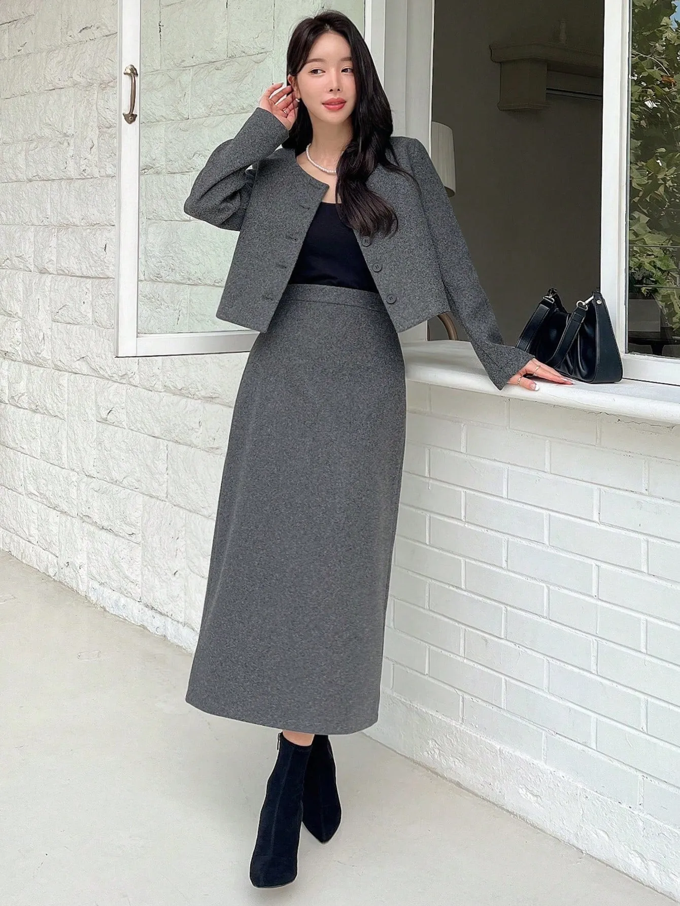 2pcs Parien Chic Wool Gray Blazer and Skirt Co-ord Set