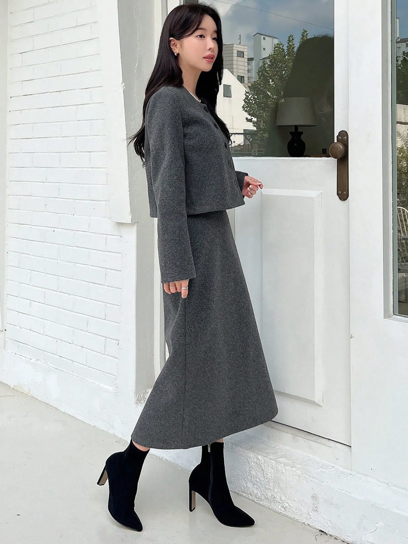 2pcs Parien Chic Wool Gray Blazer and Skirt Co-ord Set