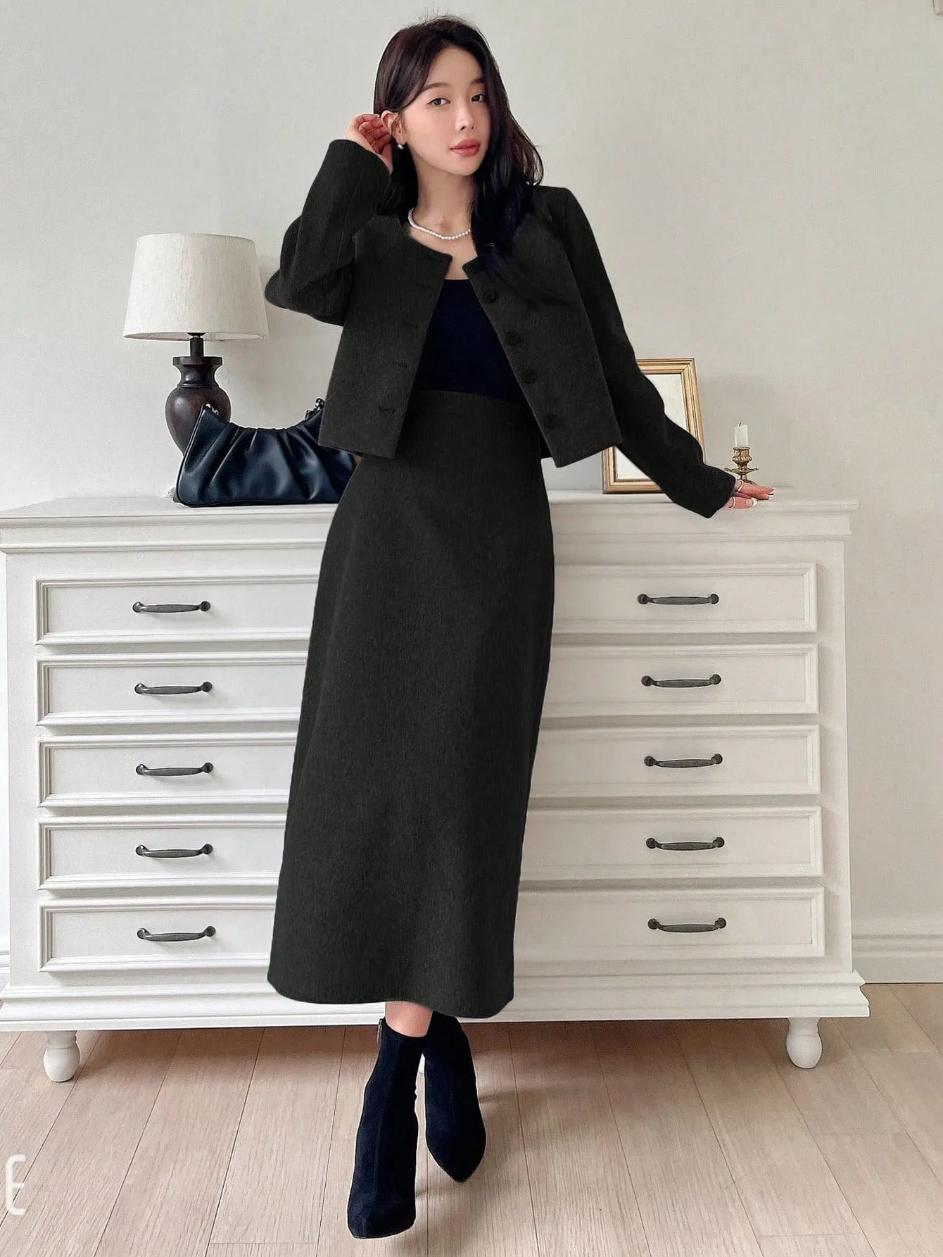 2pcs Parien Chic Wool Gray Blazer and Skirt Co-ord Set