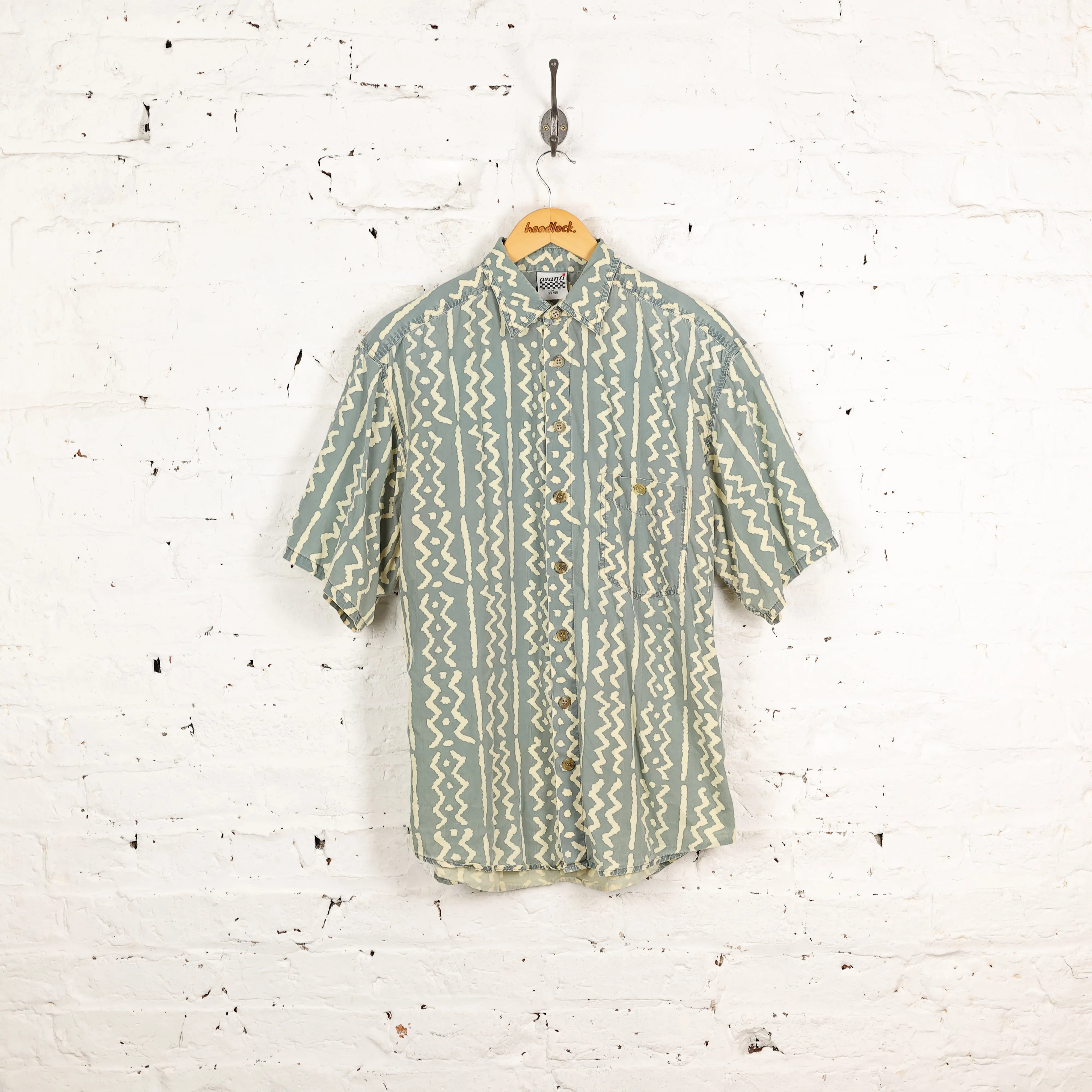 90s Short Sleeve Pattern Shirt - Green - M