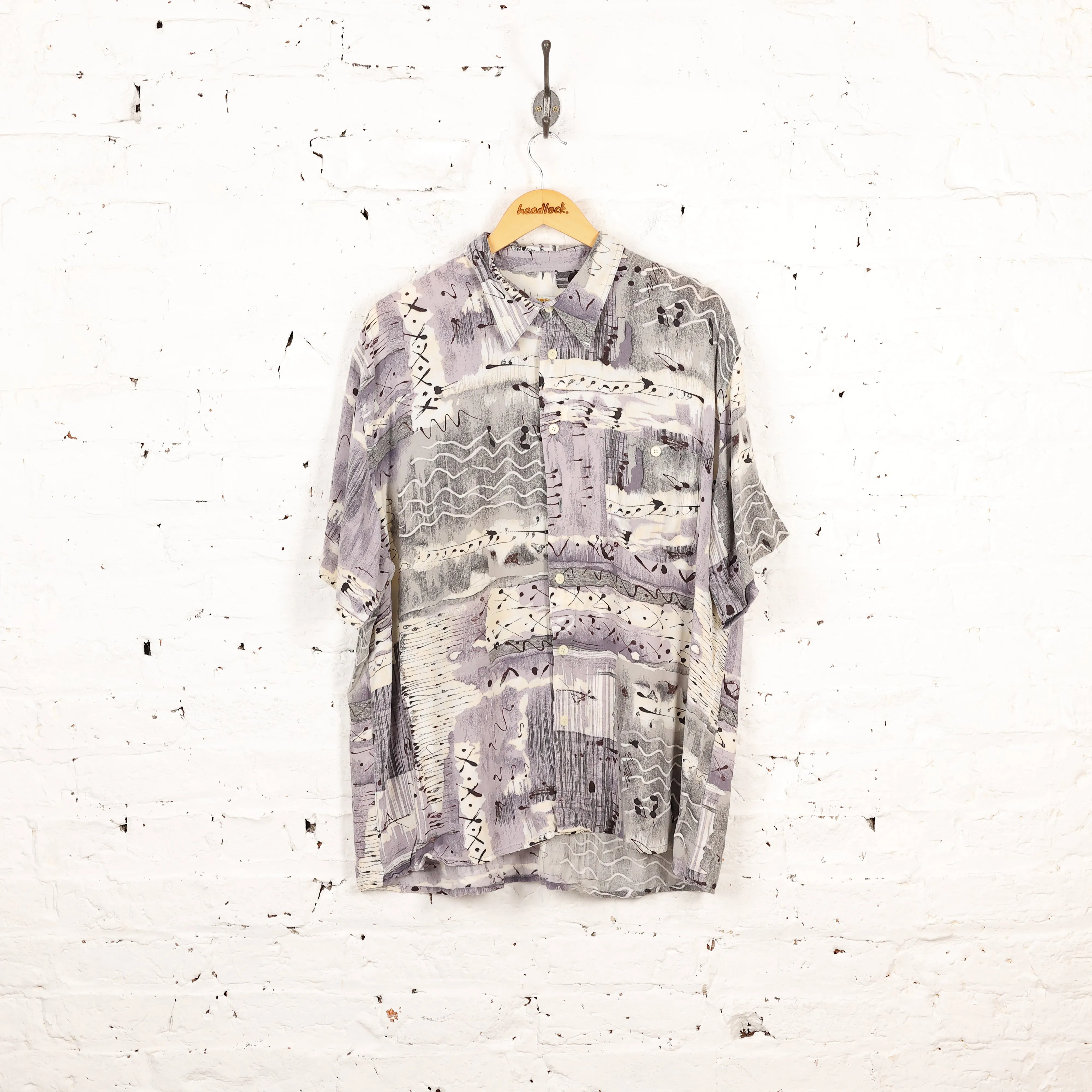 90s Short Sleeve Pattern Shirt - White/Purple - XL