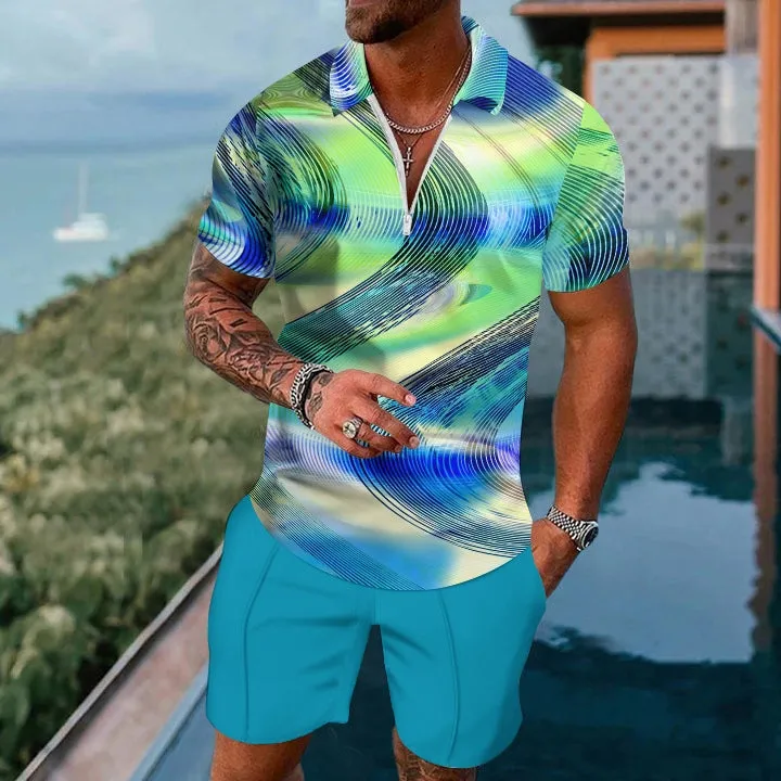 Abstract Lines Colorful Fashion Polo Two Piece Set 2404001477
