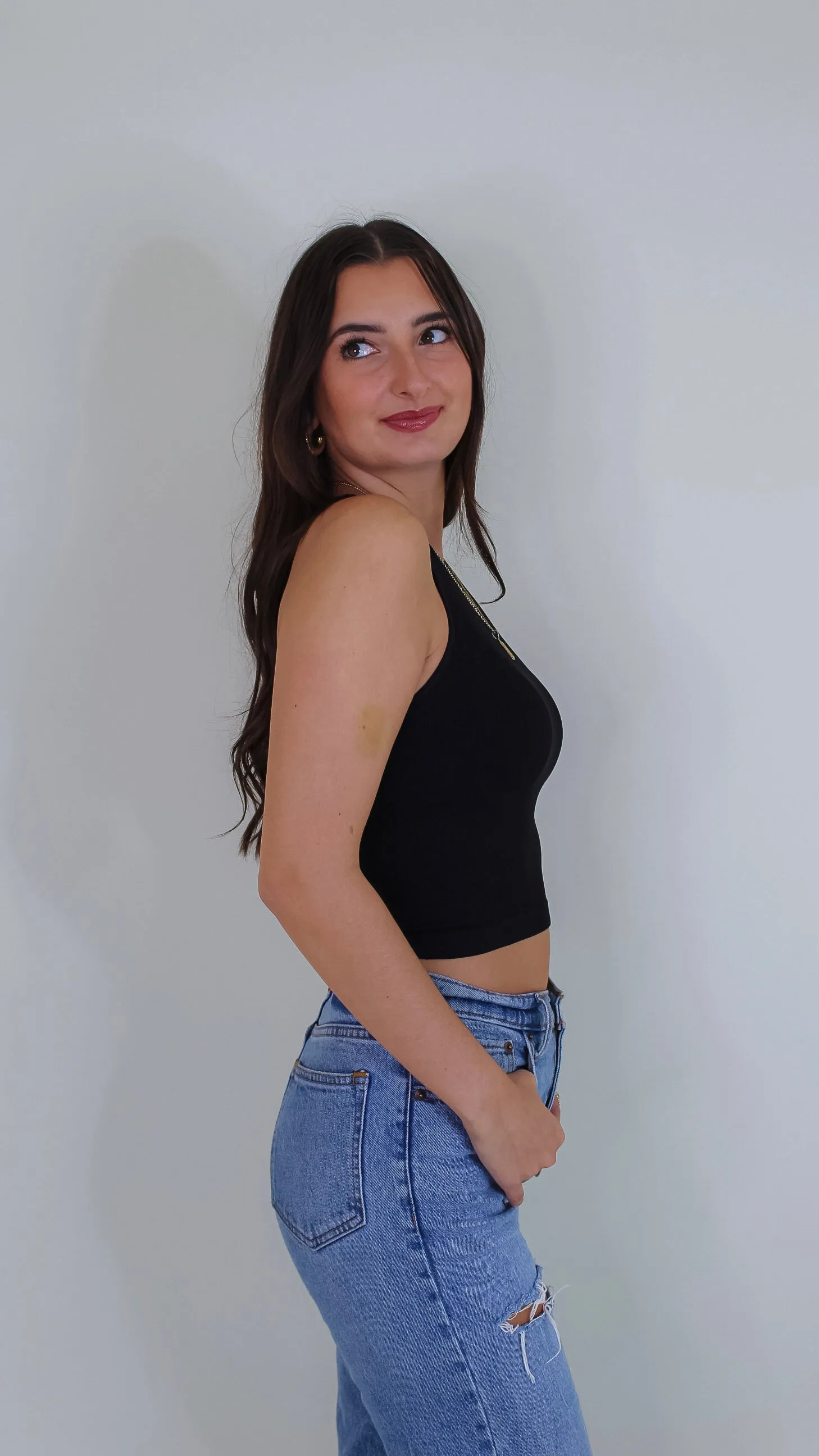 Aimee Ribbed Highneck Crop Top - Black