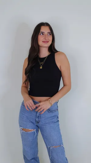Aimee Ribbed Highneck Crop Top - Black