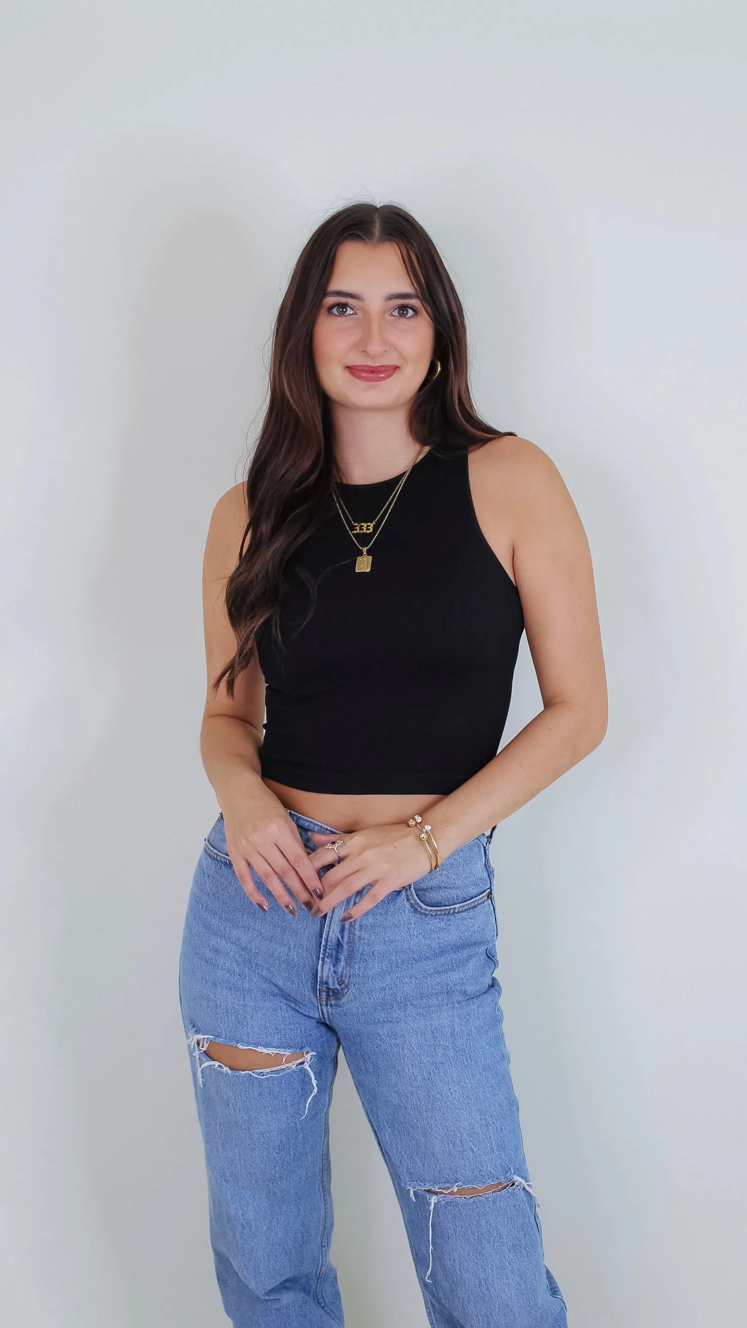 Aimee Ribbed Highneck Crop Top - Black