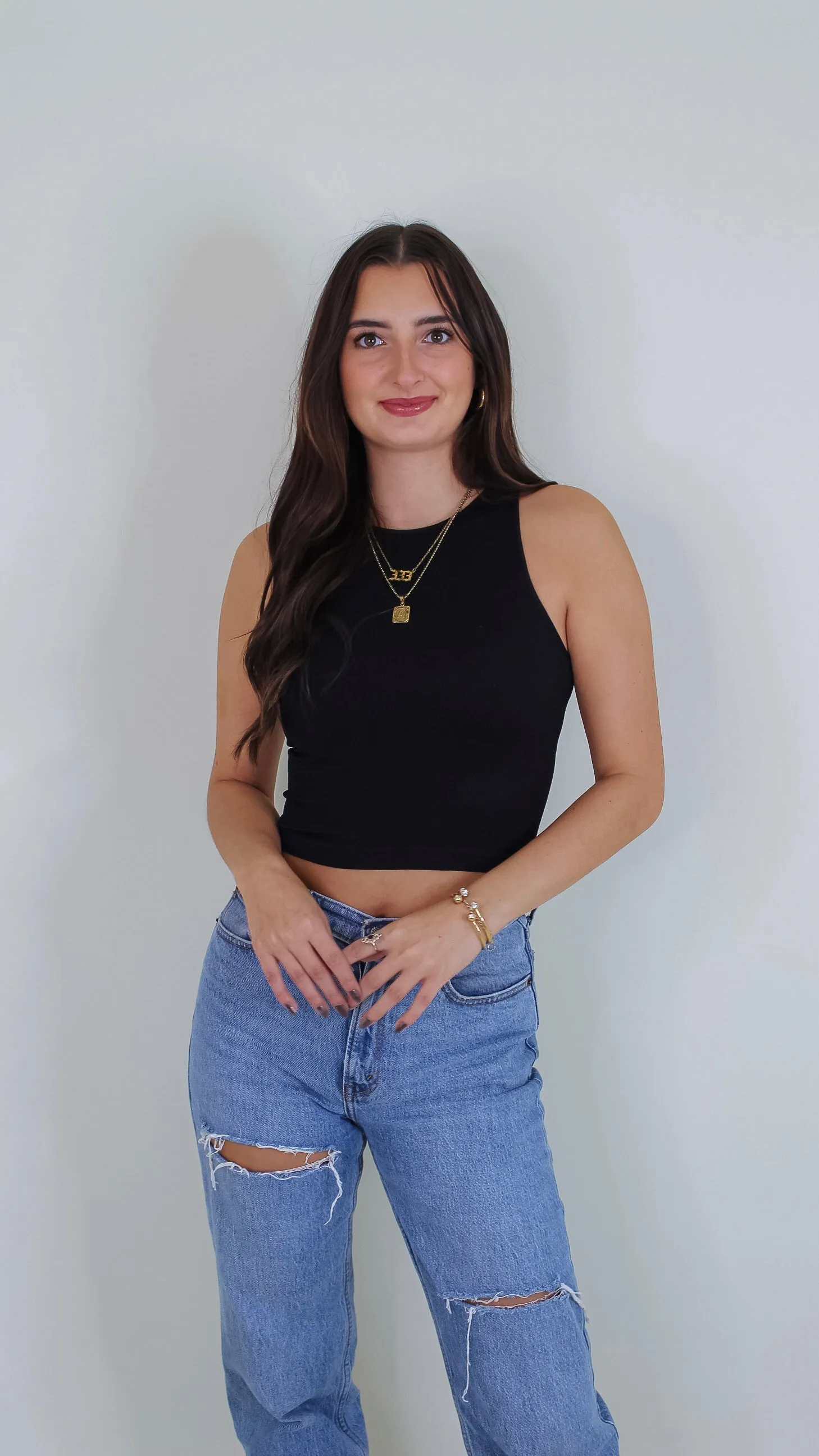 Aimee Ribbed Highneck Crop Top - Black
