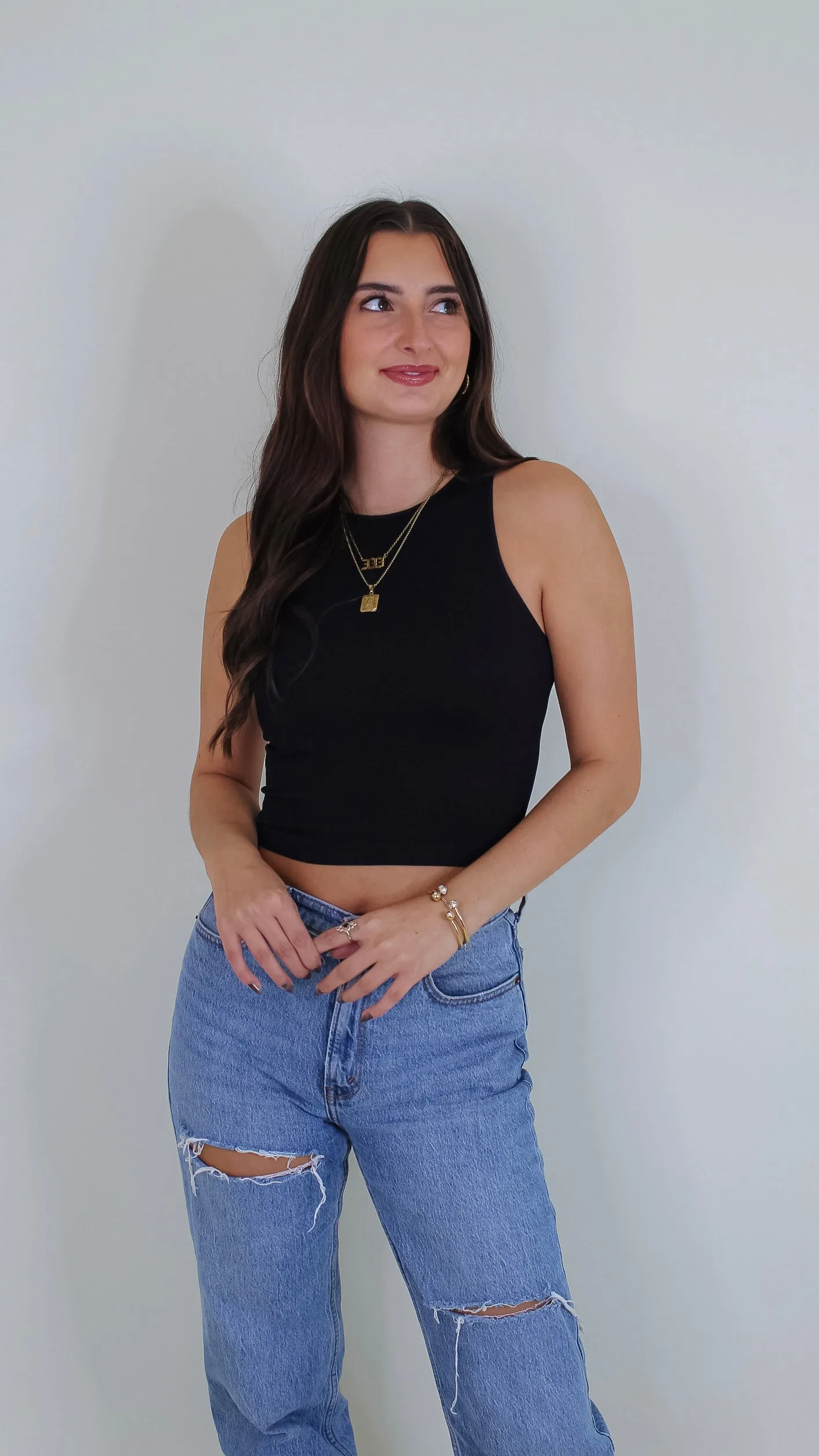 Aimee Ribbed Highneck Crop Top - Black