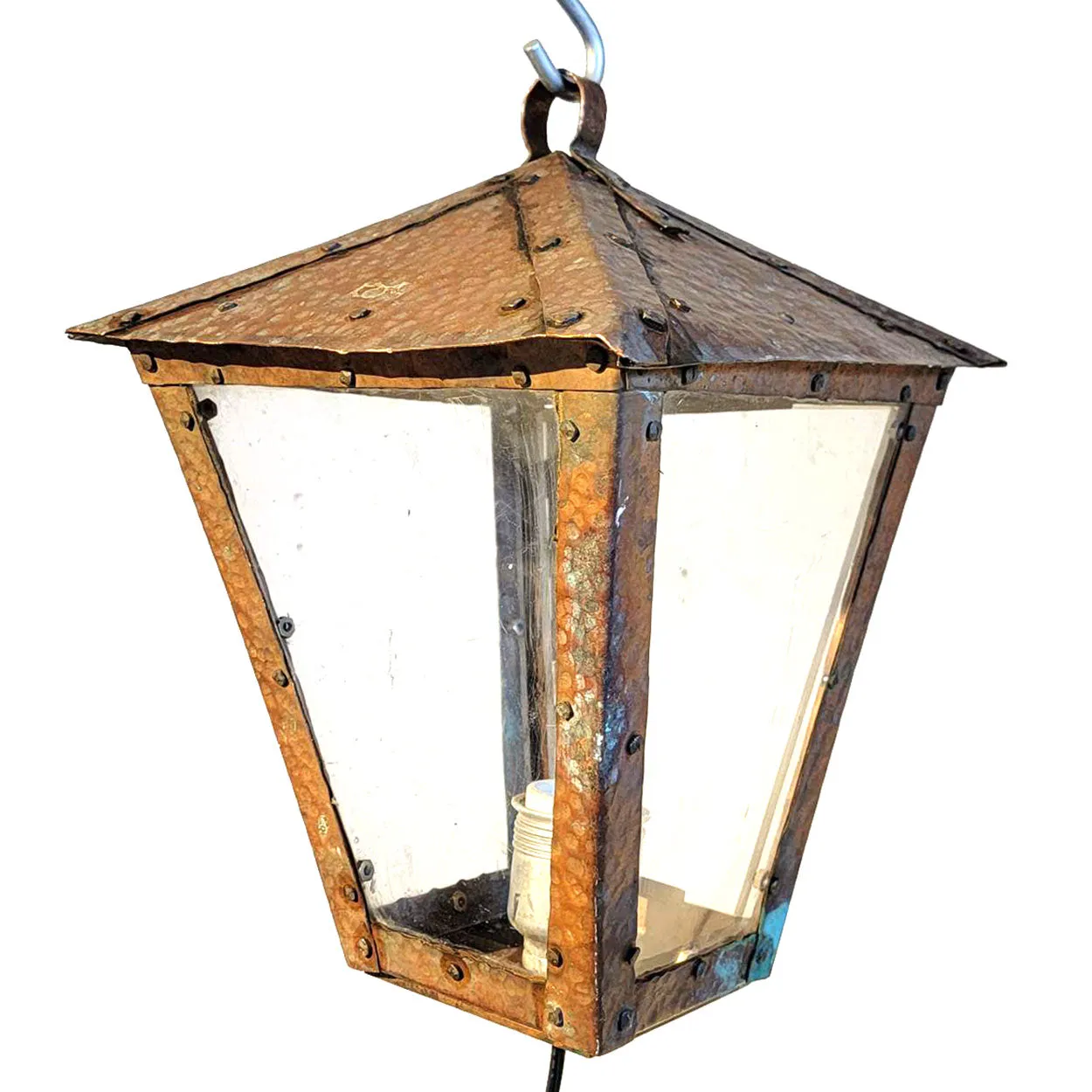American Arts and Crafts Hammered Copper and Glass One-Light Post or Pendant Lantern