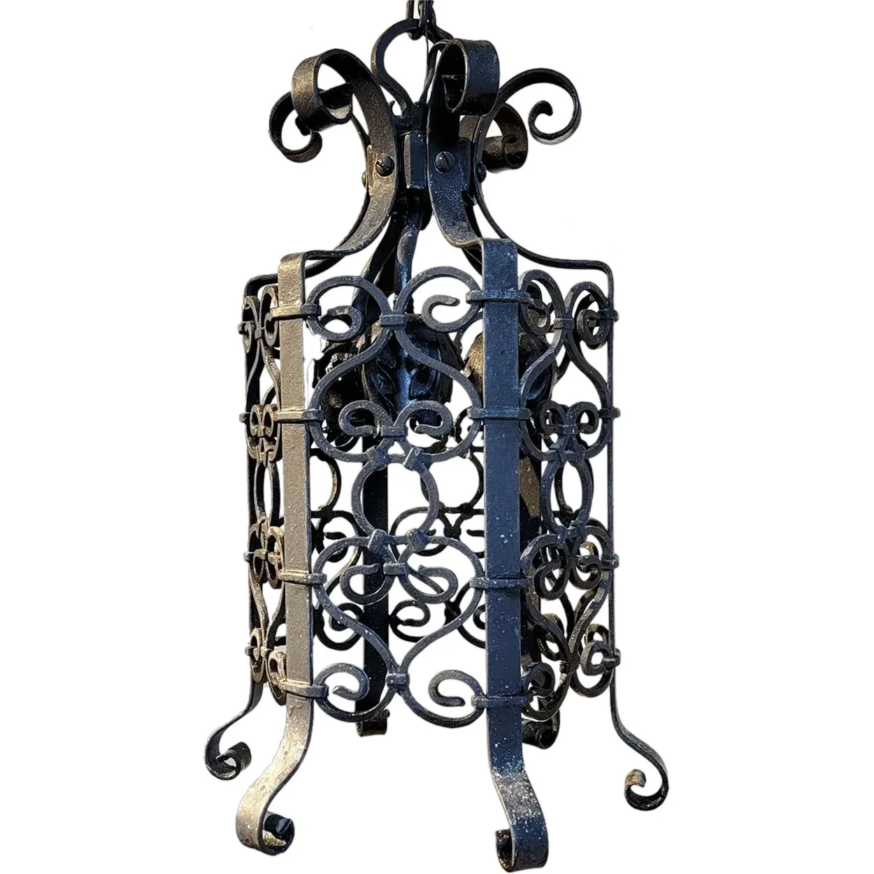 American Lafayette Hughes Mansion Black Wrought Iron Three-Light Round Pendant Lantern