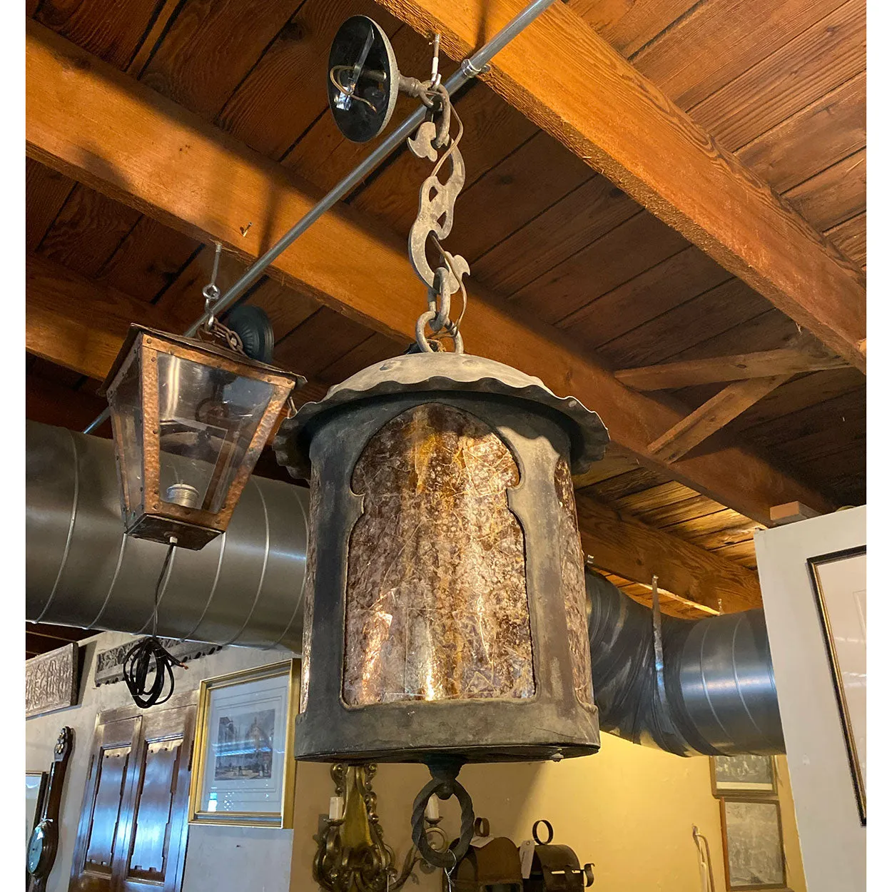 American Lafayette Hughes Mansion Wrought Iron and Mica One-Light Pendant Lantern