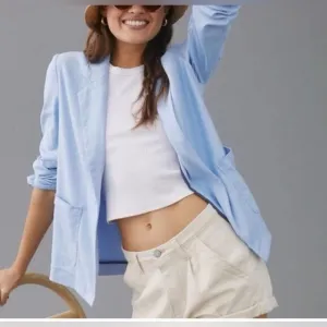 Anthropologie Maeve Womens Washed Blazer Jacket Sky Blue Linen Blend Size Small