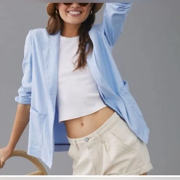 Anthropologie Maeve Womens Washed Blazer Jacket Sky Blue Linen Blend Size Small