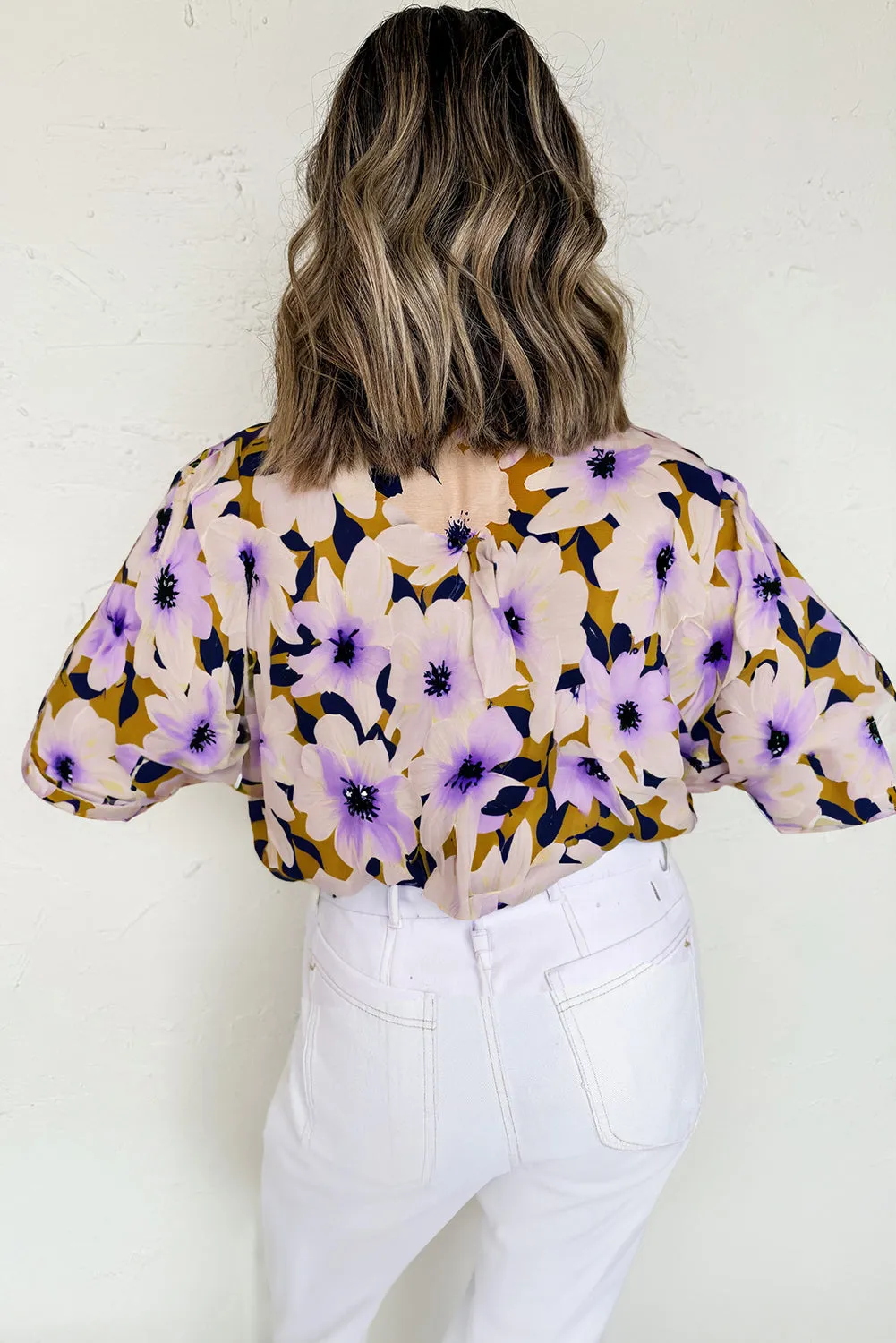 Apricot Floral Print Loose Buttoned Half Sleeve Shirt