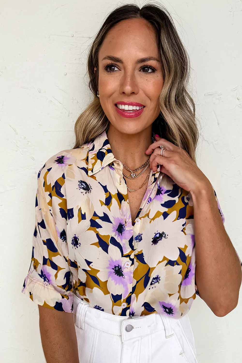 Apricot Floral Print Loose Buttoned Half Sleeve Shirt