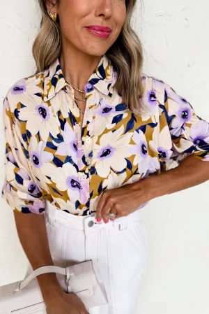 Apricot Floral Print Loose Buttoned Half Sleeve Shirt