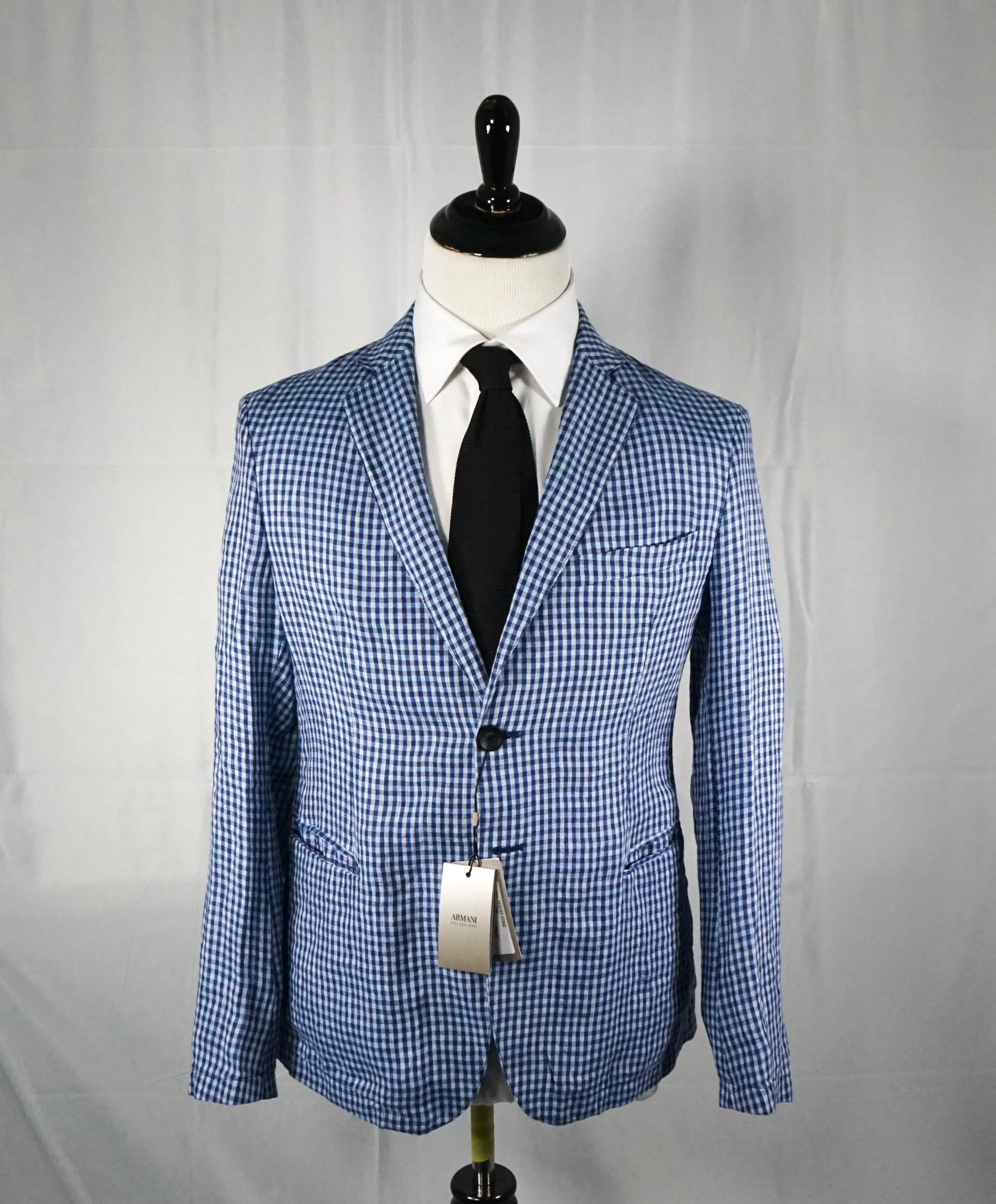 ARMANI COLLEZIONI - Blue & Navy Plaid Check Ultra Light Linen Blazer- 40R