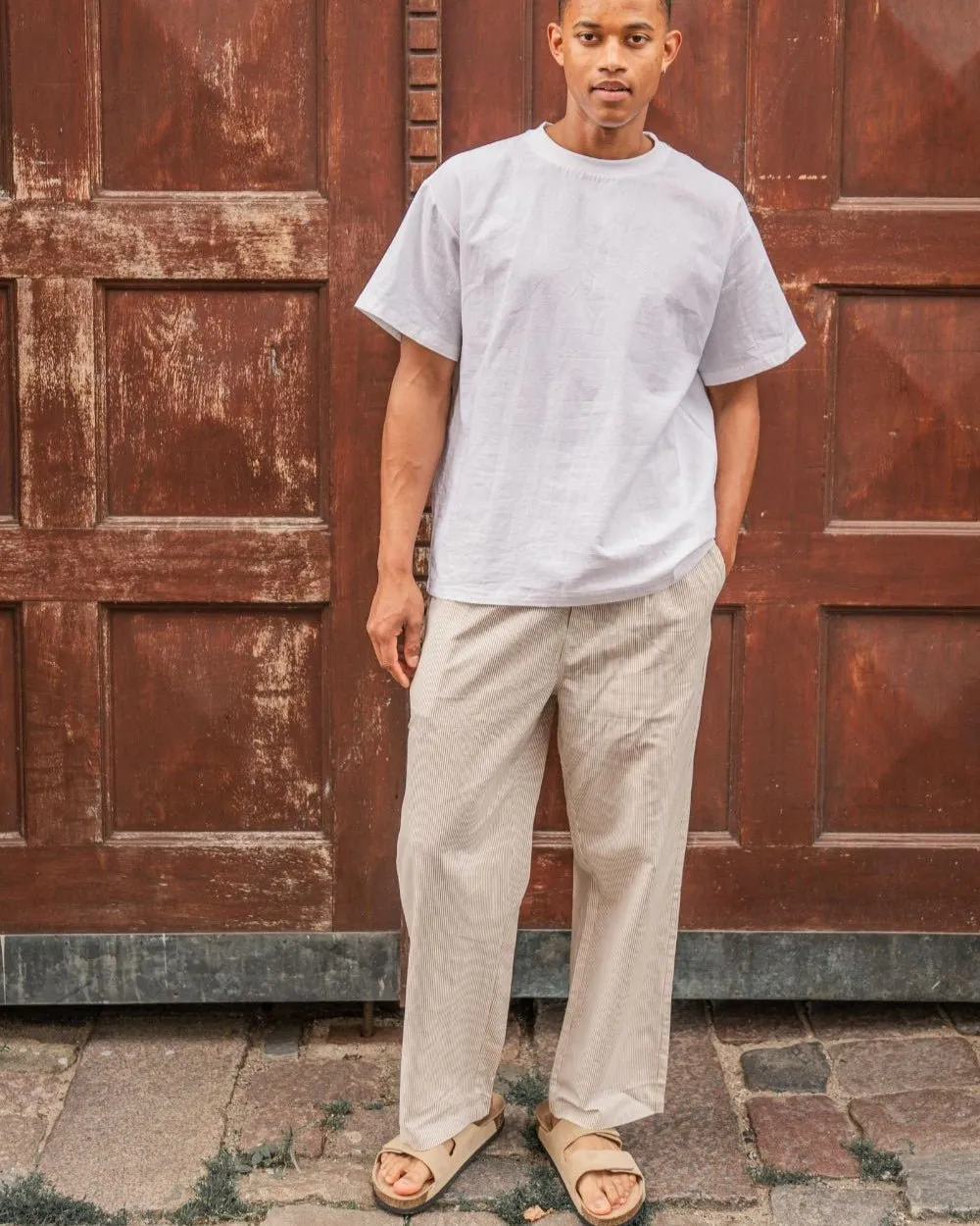 Baggy Linen Pants Beige Striped