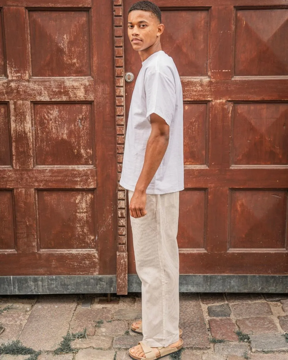 Baggy Linen Pants Beige Striped
