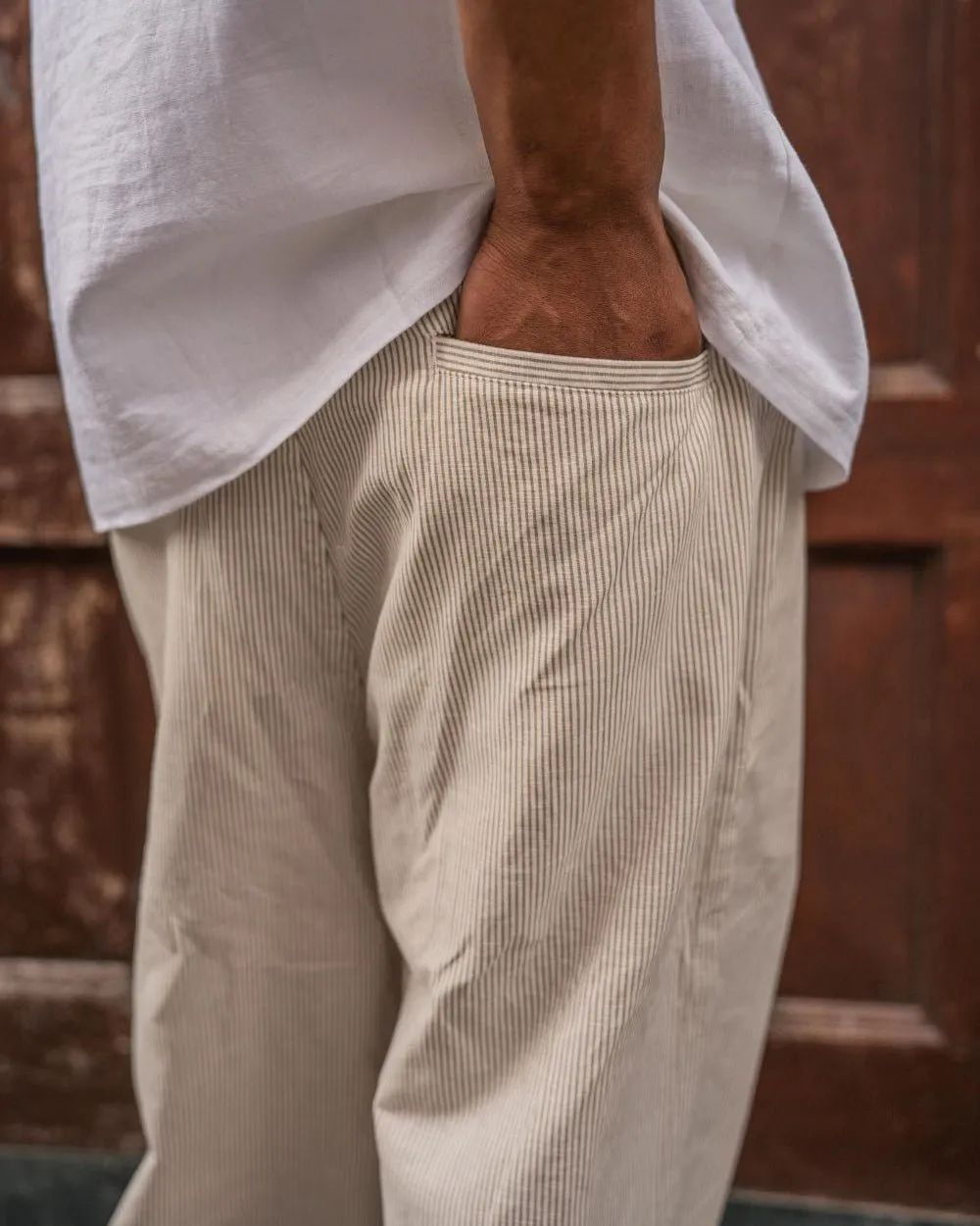 Baggy Linen Pants Beige Striped