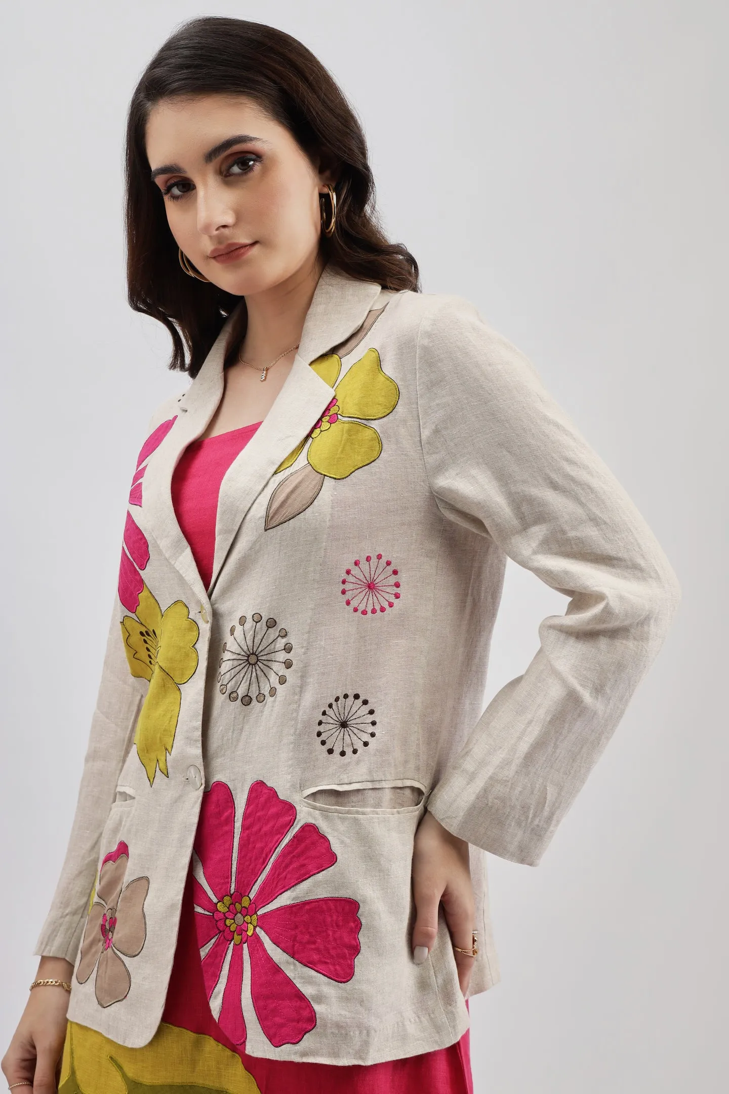 Beige Blazer With Applique Embroidery