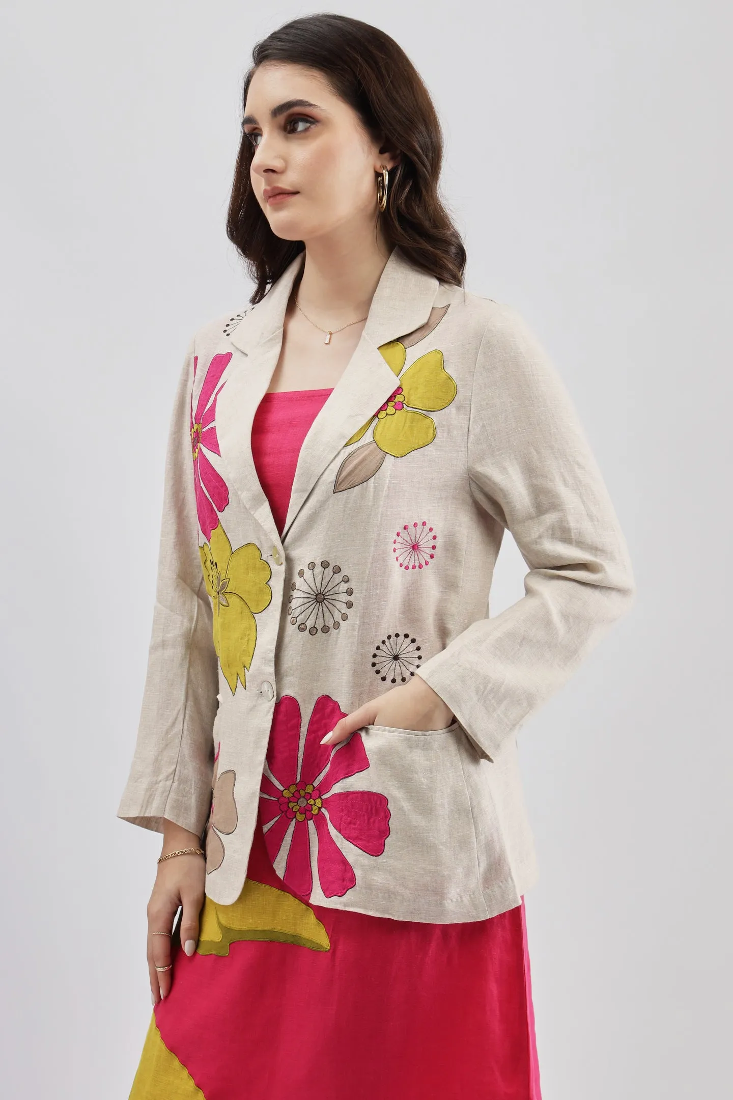 Beige Blazer With Applique Embroidery