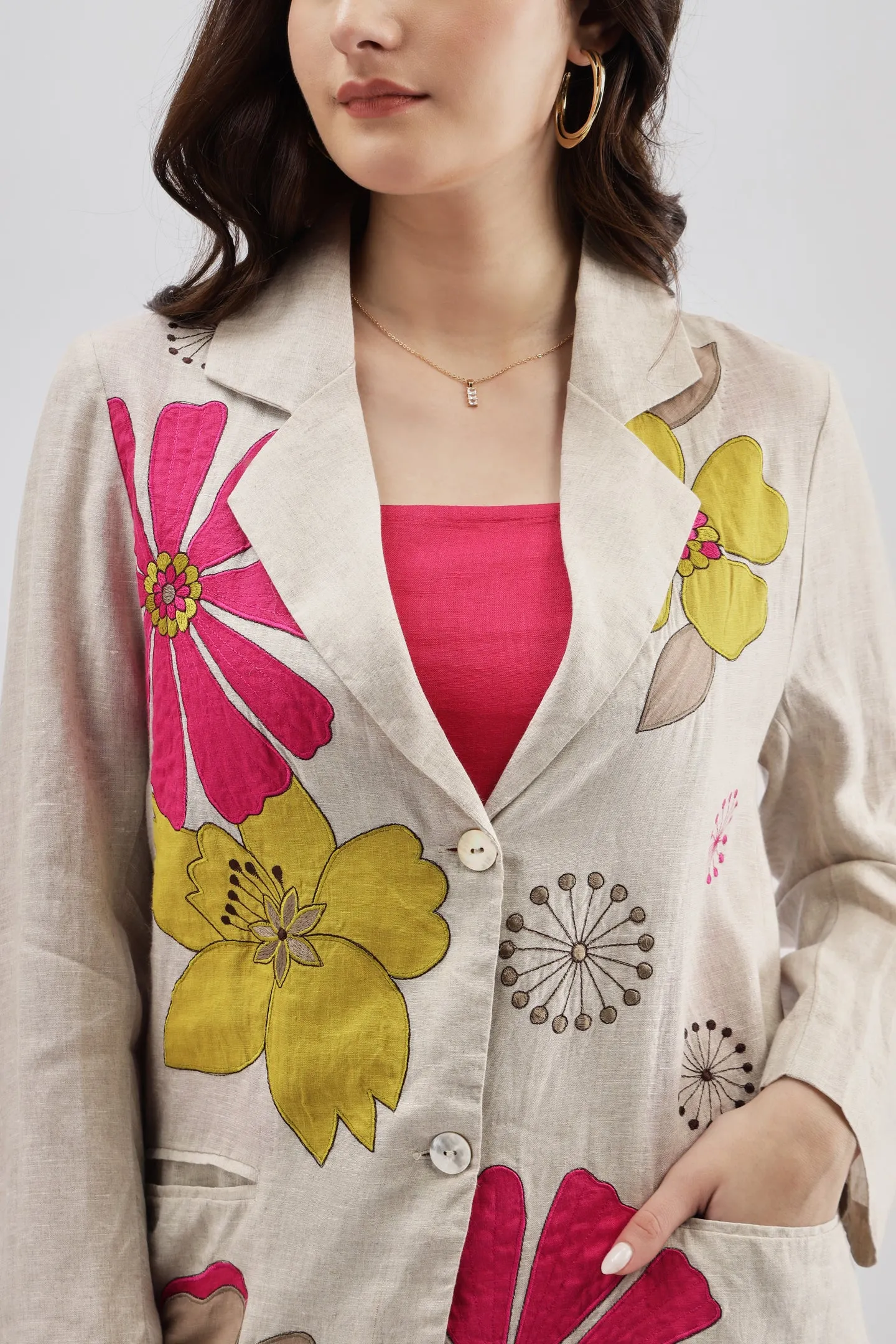 Beige Blazer With Applique Embroidery