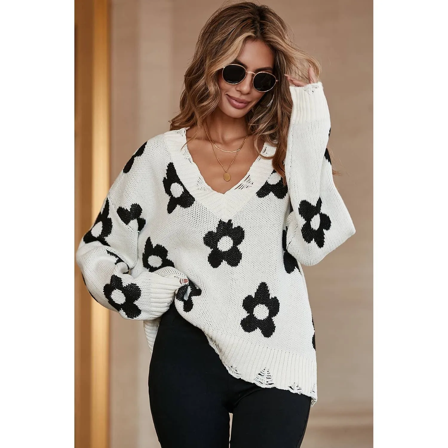 Beige Floret Knitted V Neck Distressed Sweater