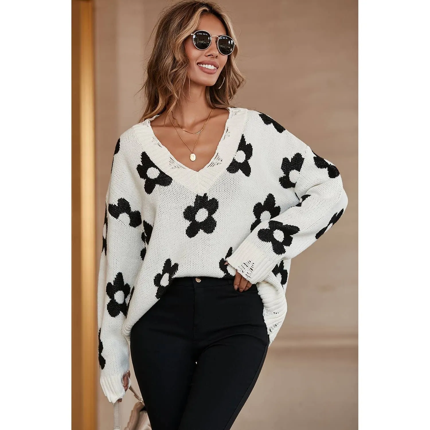 Beige Floret Knitted V Neck Distressed Sweater