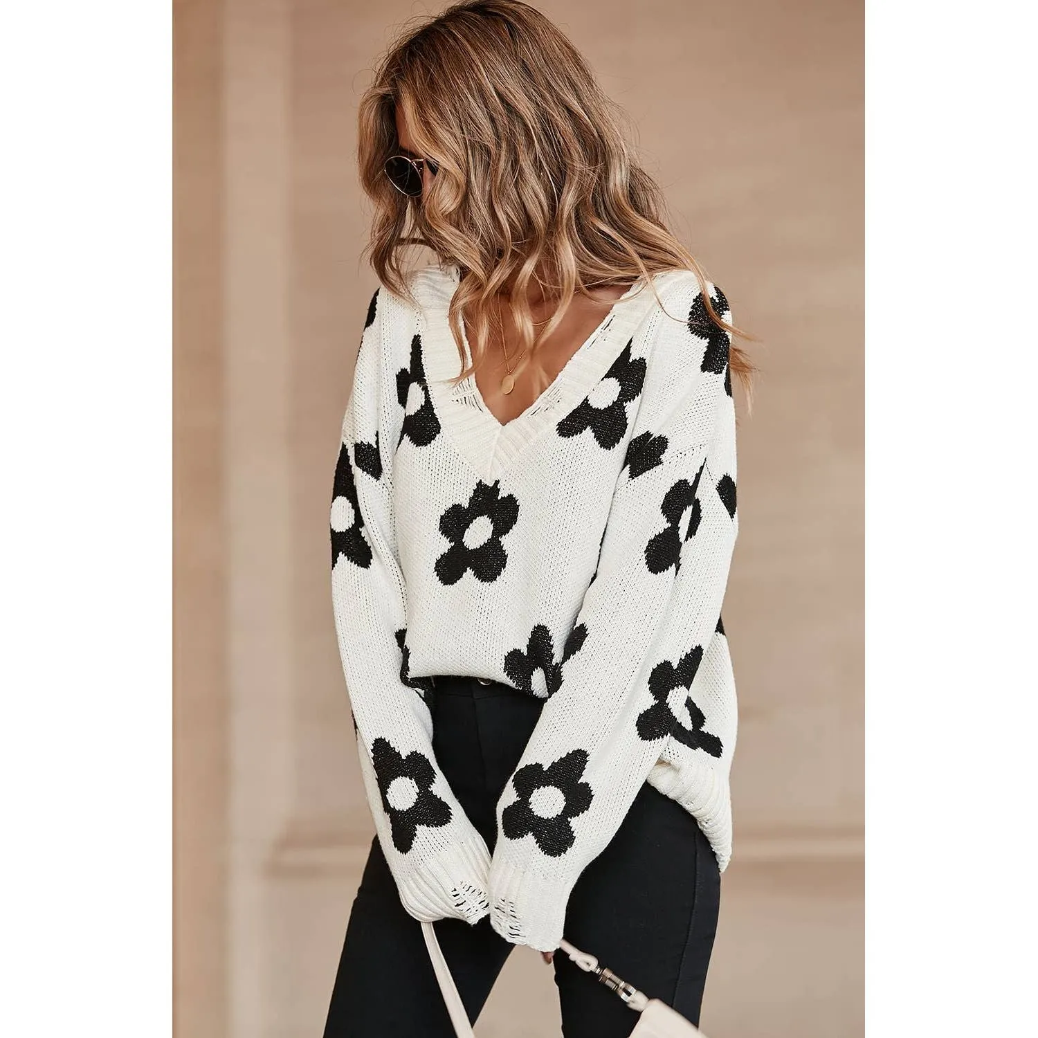 Beige Floret Knitted V Neck Distressed Sweater