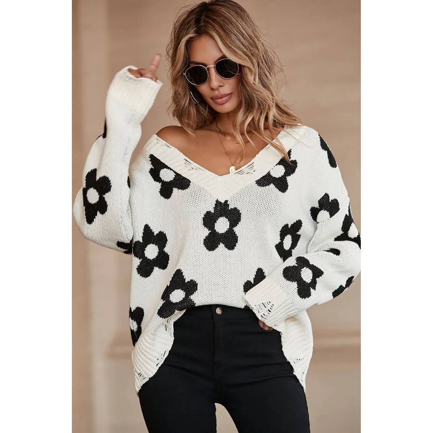 Beige Floret Knitted V Neck Distressed Sweater