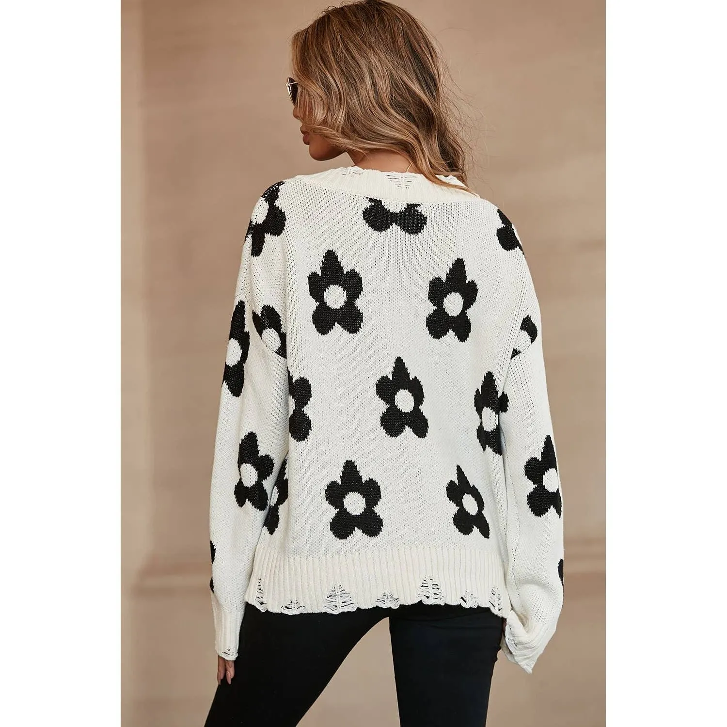 Beige Floret Knitted V Neck Distressed Sweater