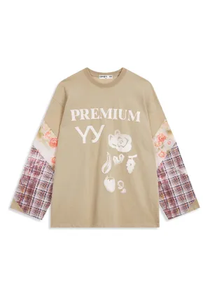 Beige Panelled Longsleeve T-Shirt