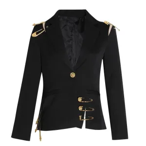 Black Loose Fit Hollow Out Pin Spliced Jacket Blazer