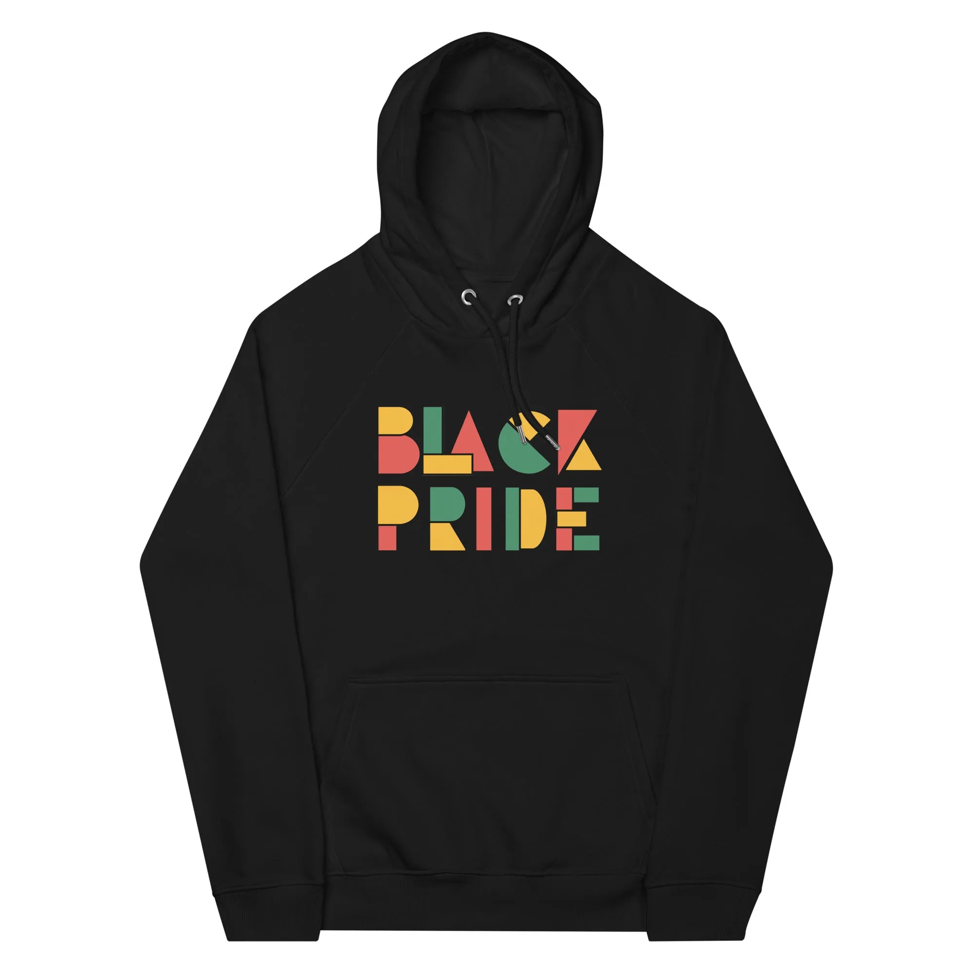 Black Pride Hoodie Red Green and Yellow Geometric Design on Black Eco Friendly Raglan Hoodie