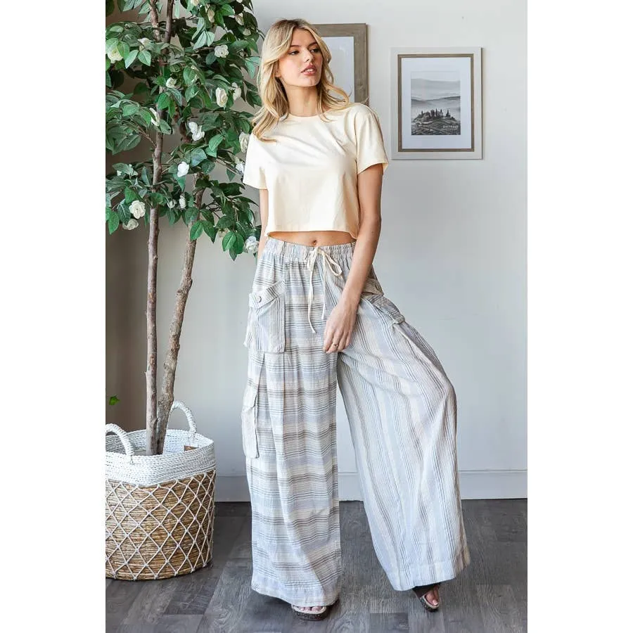 Blue Washed 3D Pocket Narrow Stripe Wide Leg Oli Hali Pants