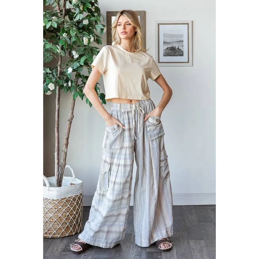 Blue Washed 3D Pocket Narrow Stripe Wide Leg Oli Hali Pants