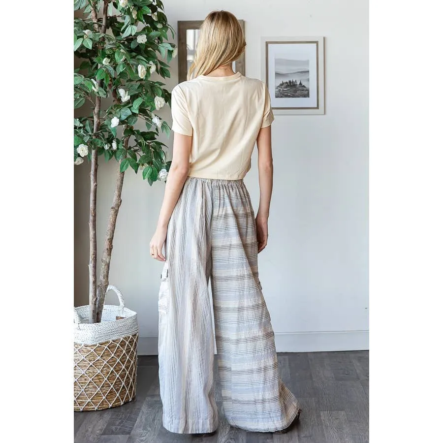 Blue Washed 3D Pocket Narrow Stripe Wide Leg Oli Hali Pants