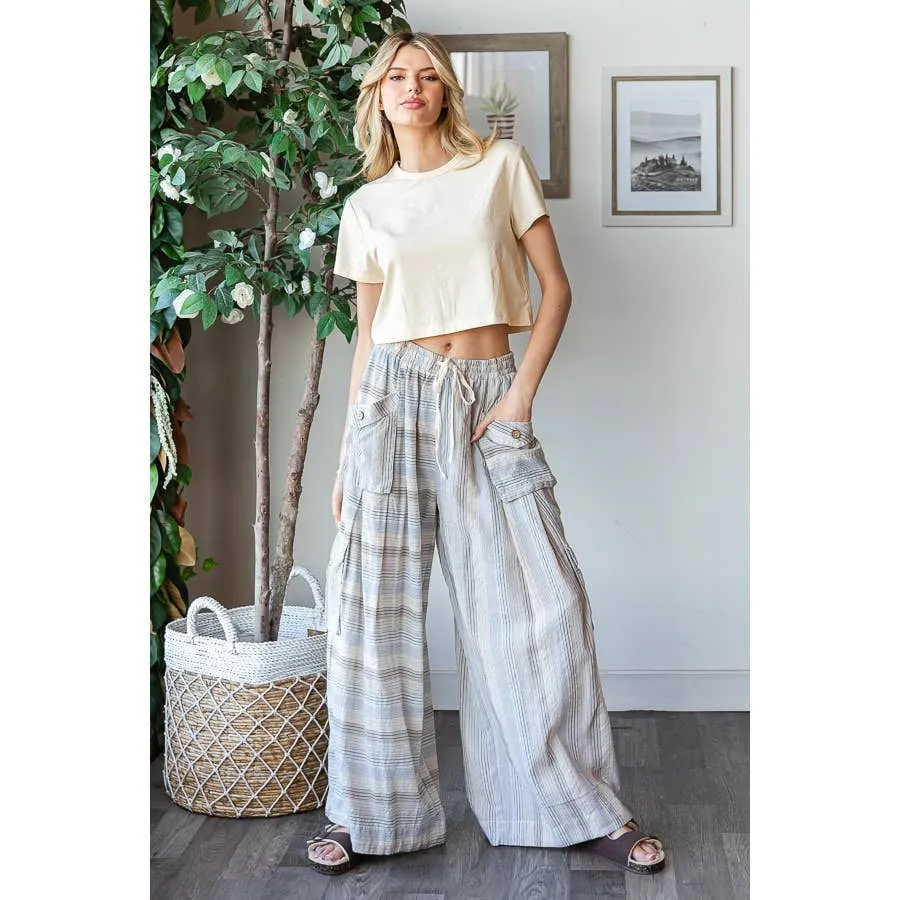 Blue Washed 3D Pocket Narrow Stripe Wide Leg Oli Hali Pants